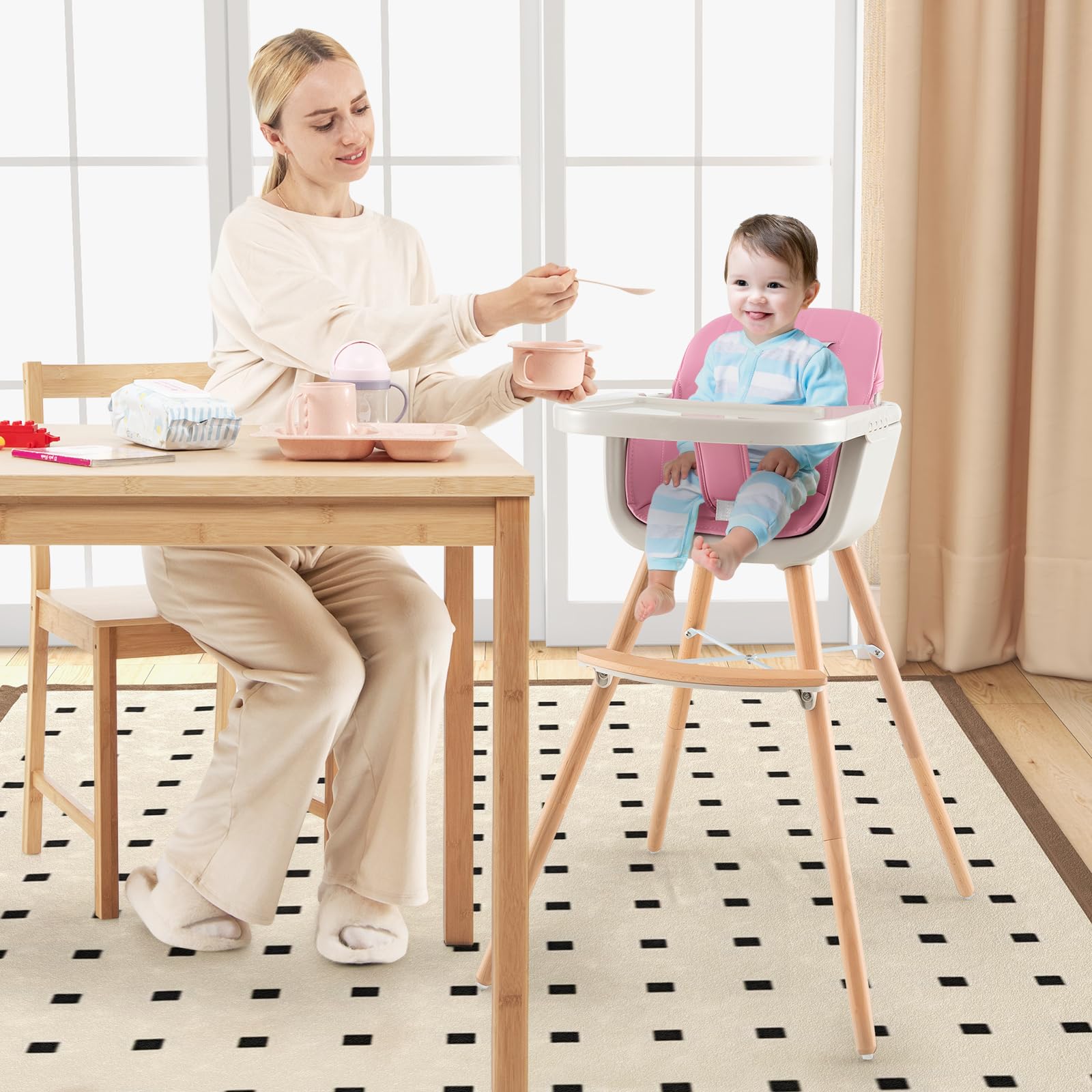 HONEY JOY 3-in-1 Wooden High Chair for Babies & Toddlers - Convertible Booster Seat with Removable Tray, 5-Point Safety Harness, PU Cushion & Adjustable Footrest - Perfect for Dining, Feeding & Learning (Pink)