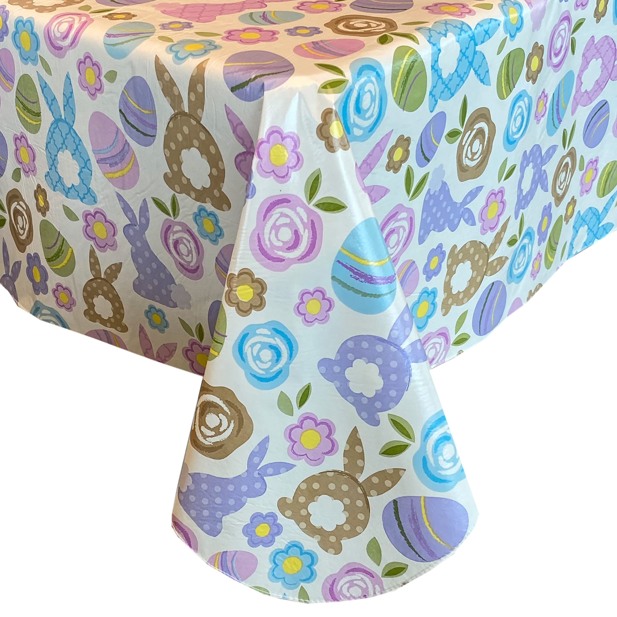 Pastel Easter Egg & Bunny Floral Print Vinyl Tablecloth with Flannel Backing - 60
