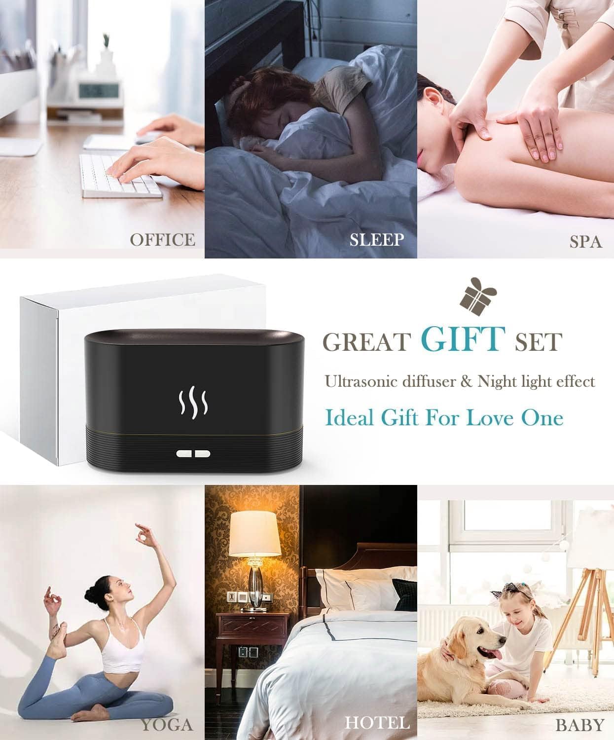 Lifeberg Essential Oil Diffuser with Realistic Flame Effect - 180ml Aromatherapy Humidifier with 2 Adjustable Night Lights & Auto Shut-Off - Perfect for Bedroom, Yoga, Spa & Office Relaxation (Black)