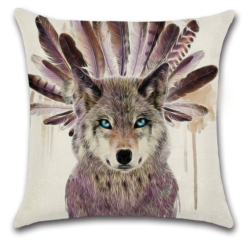 Native American Wolf with Feathers Throw Pillow Cover 18x18 Inch - Square Decorative Cushion Case for Sofa, Couch & Home Decor | Perfect for Living Room, Bedroom & Cabin Style Interiors