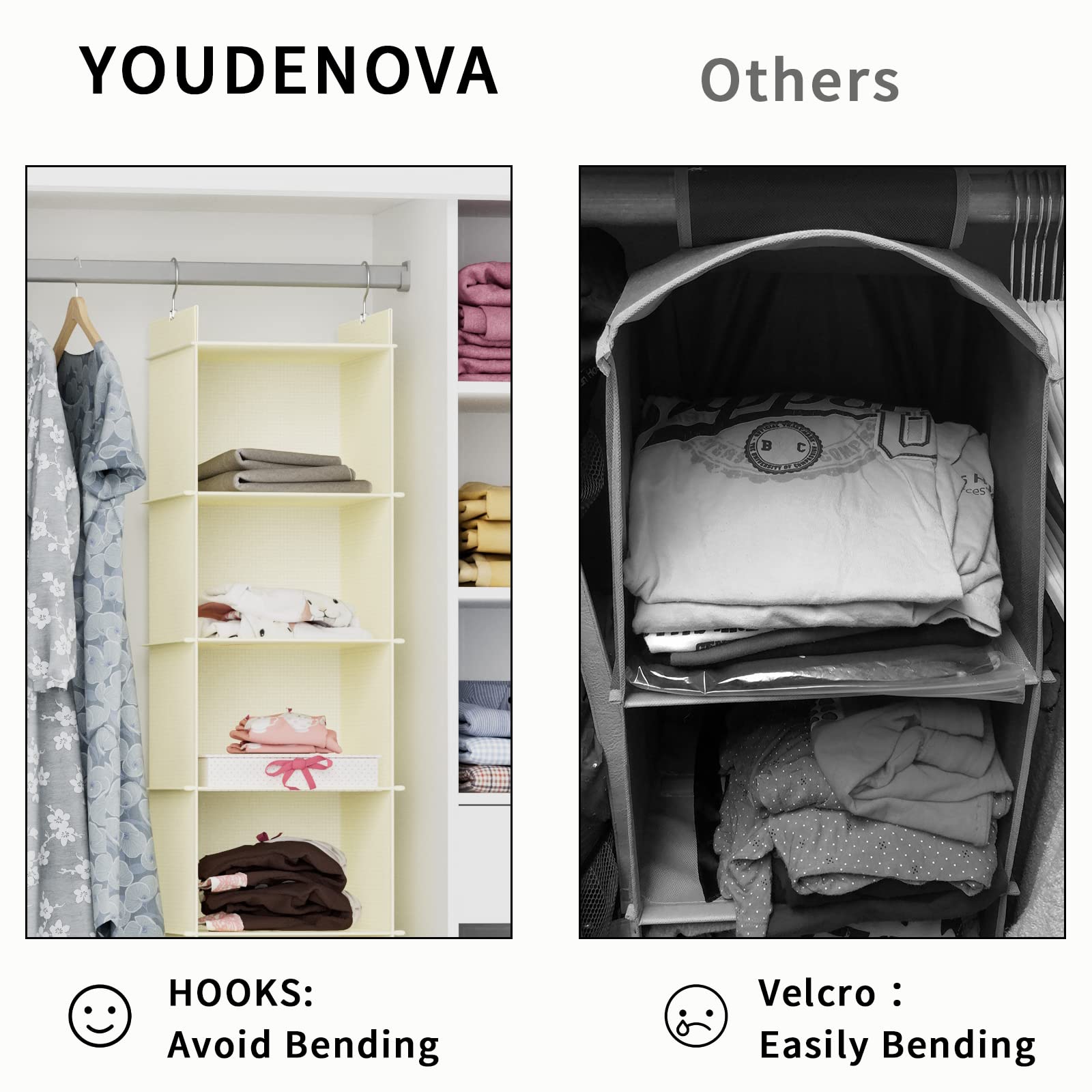 4-Shelf Hanging Closet Organizer - Space Saving Storage for Clothes, Shoes & Accessories - Beige Fabric Shelves for Bedroom, Dorm & Small Spaces