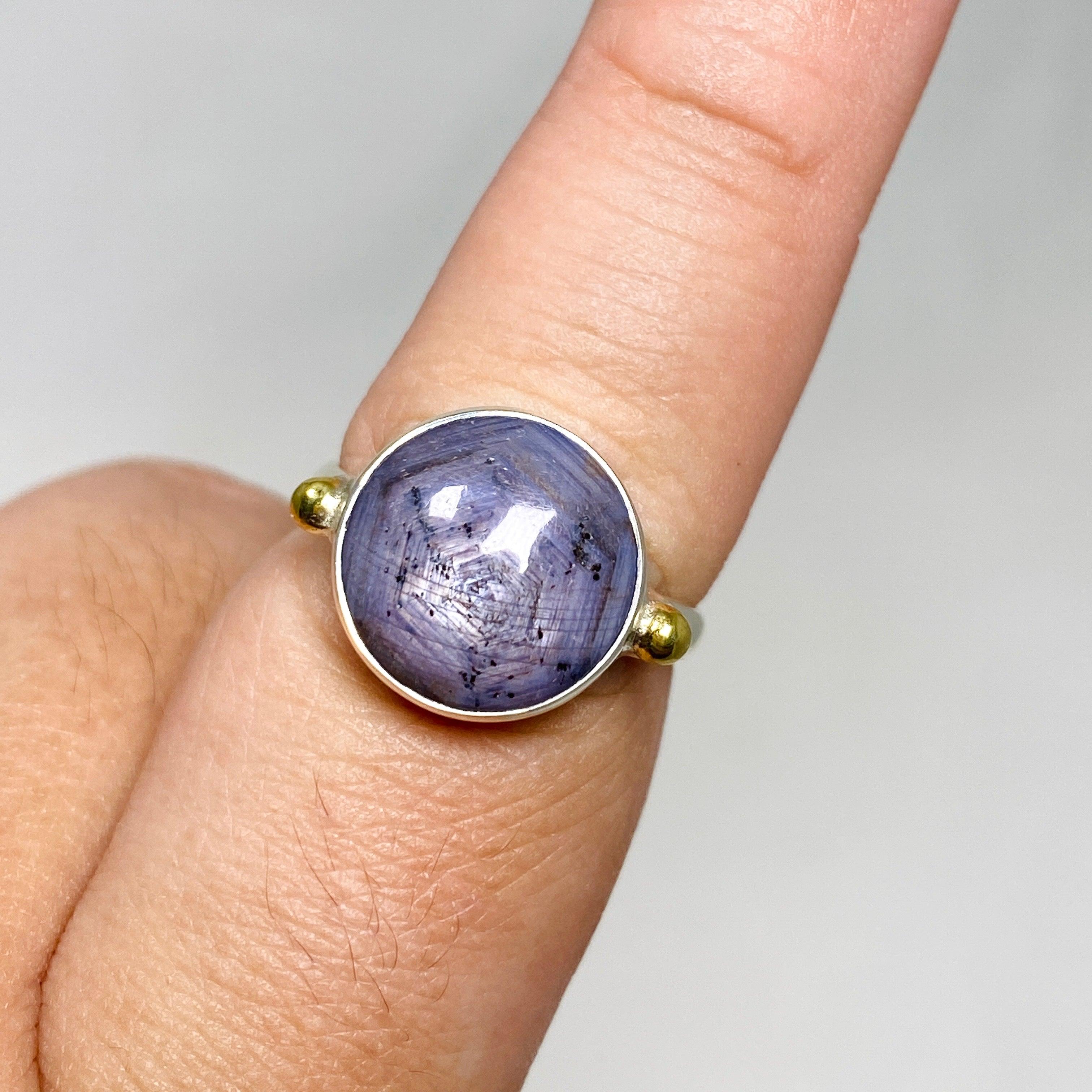 Elegant Sapphire Round Ring with Brass Accents - Size 9 KRGJ3179 | Perfect for Weddings, Anniversaries & Special Occasions