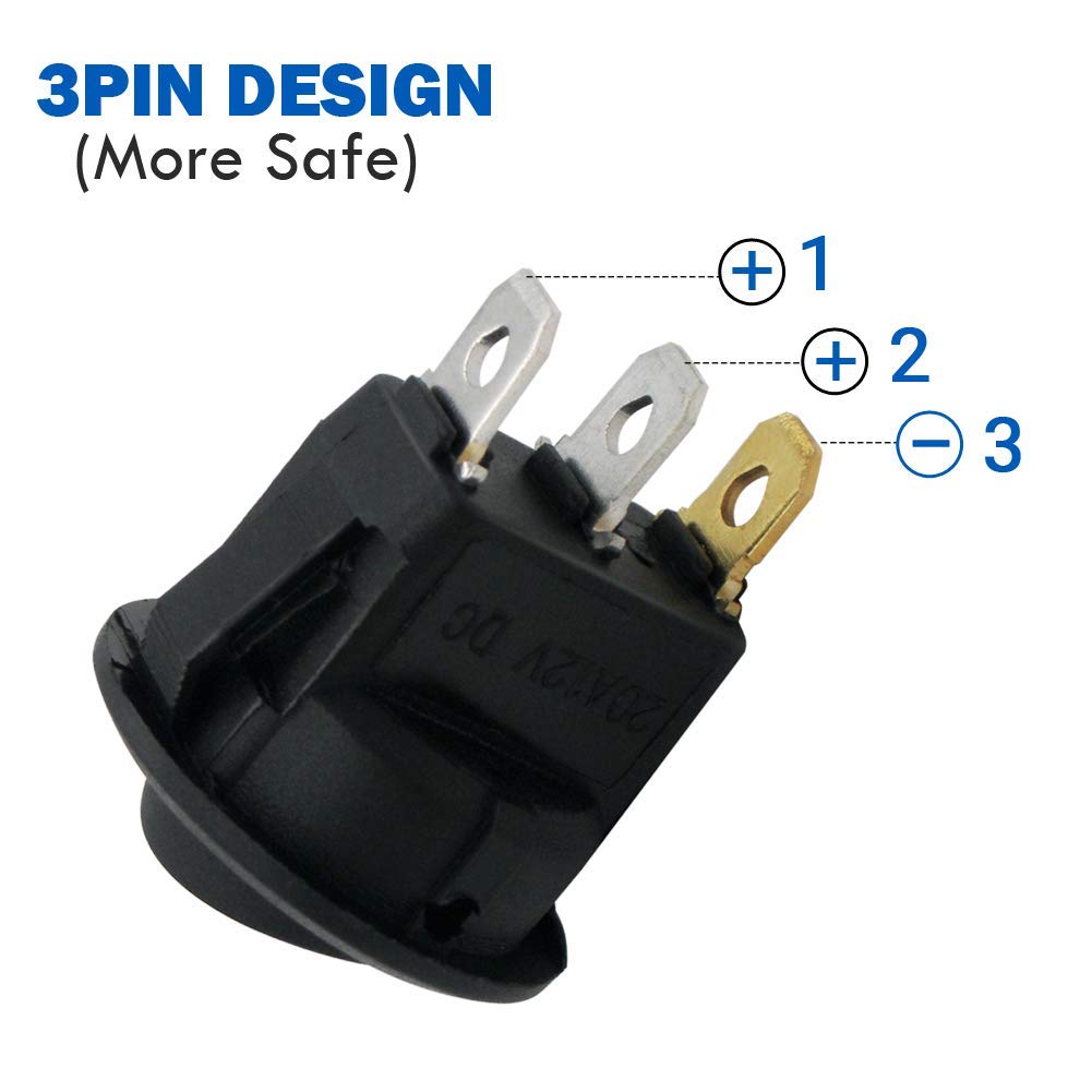 12V Round Rocker Switch with Blue LED Light - SPST On-Off Toggle Switch 20A (12 Pack) - KCD2-102N-BU for Automotive, Car, Truck & Boat Electrical Control - Perfect for Dashboard, Marine & RV Applications