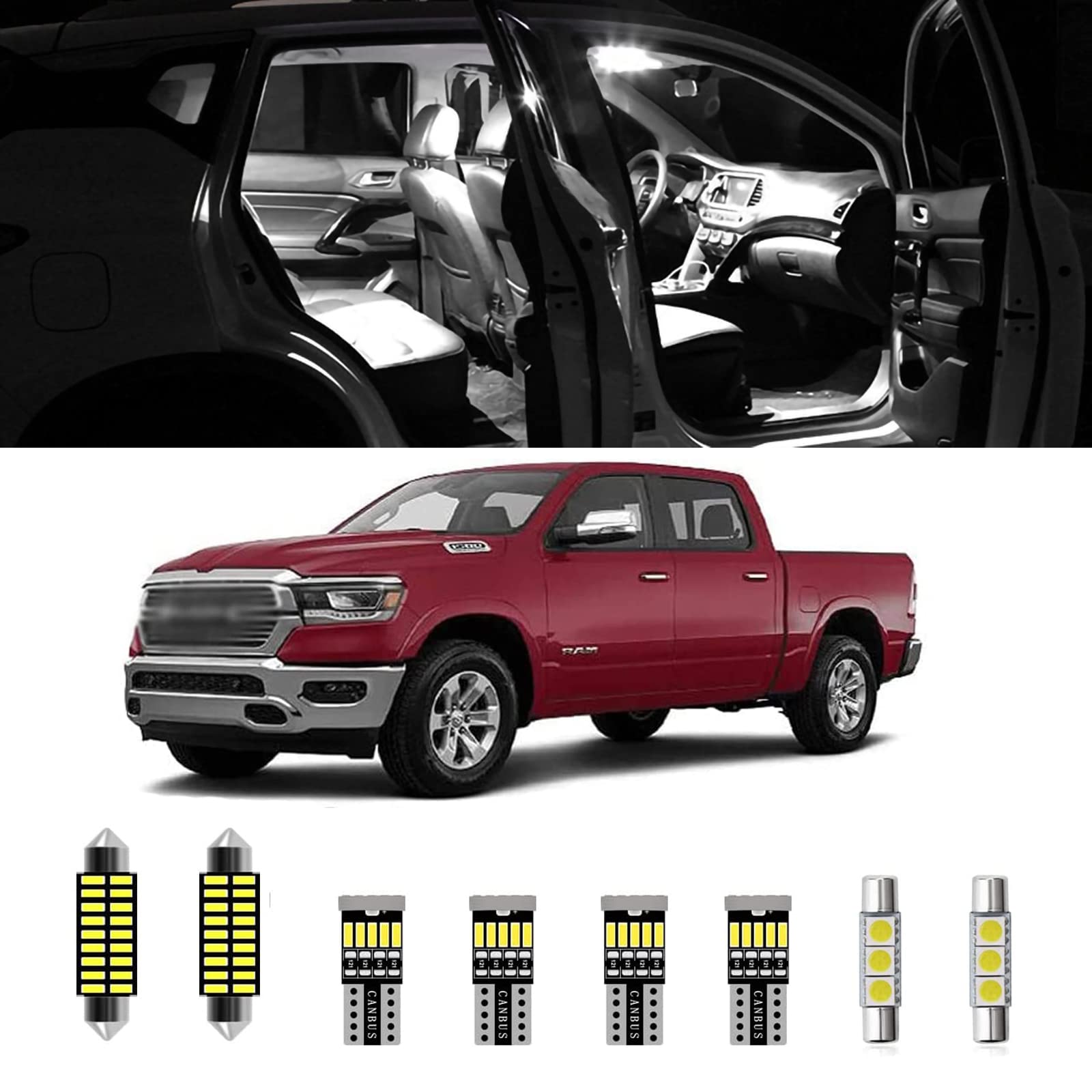 9-Piece RAM 1500 Interior LED Lights Kit - Super Bright LED Map, Dome & Cargo Light Bulbs for 2019-2022 Dodge Ram 1500 All Models - Upgrade Your Truck's Interior Lighting for Night Driving & Camping