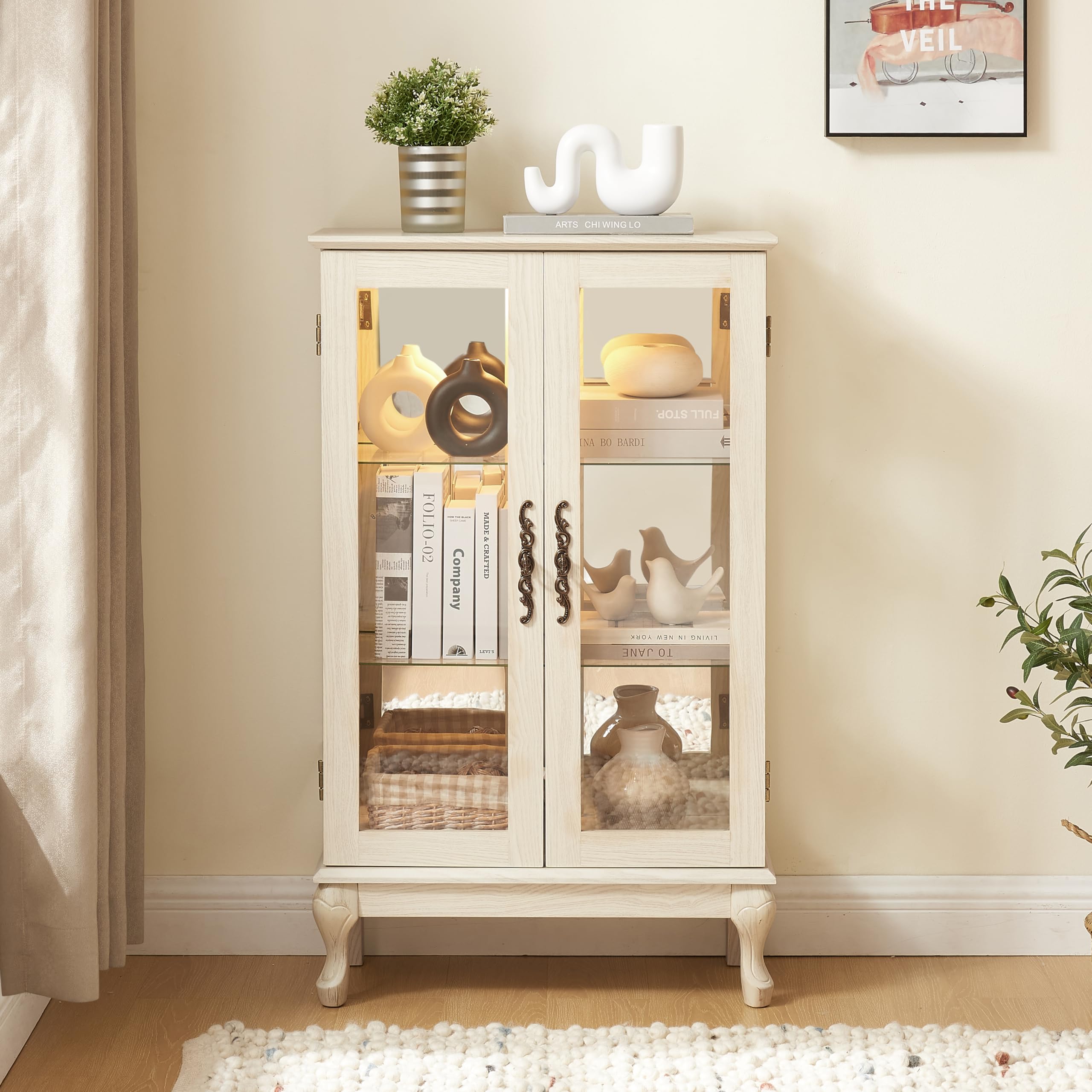 Vintage Wooden Curio Cabinet with Tempered Glass Doors & LED Lighting - Antique White Display Cabinet with Mirrored Back Panel, Adjustable Shelves - Perfect for Living Room Decor, Collectibles Showcase & Home Storage Solution