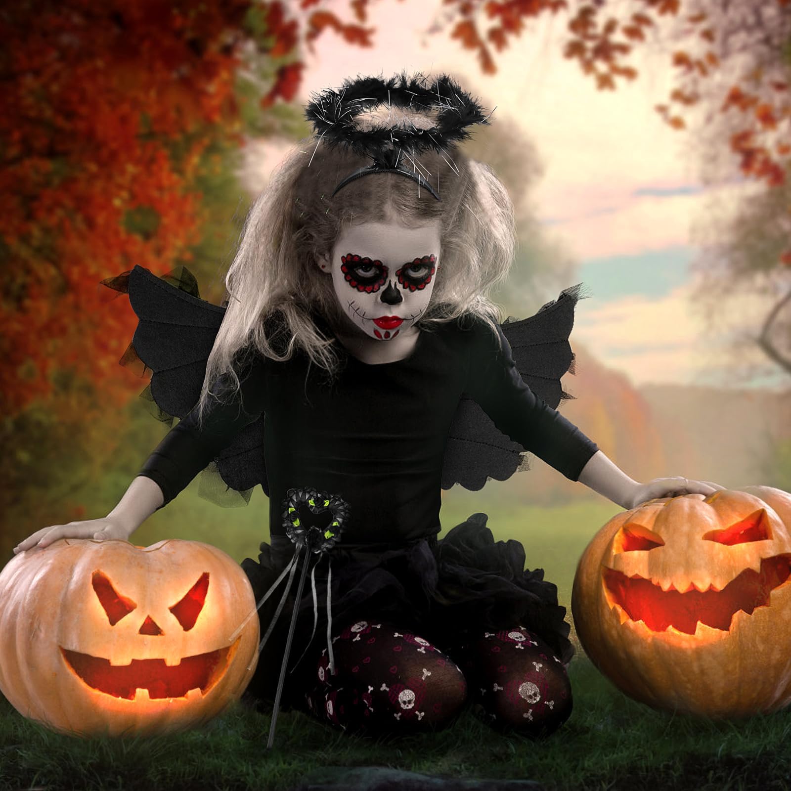 Black Angel Wings & Halo Costume Set for Girls 4-12 Years - Fallen Angel Dress with Wings, Halo, Devil Wand & Tattoo Stickers - Perfect for Halloween, Cosplay, Theme Parties & Dress-Up Play