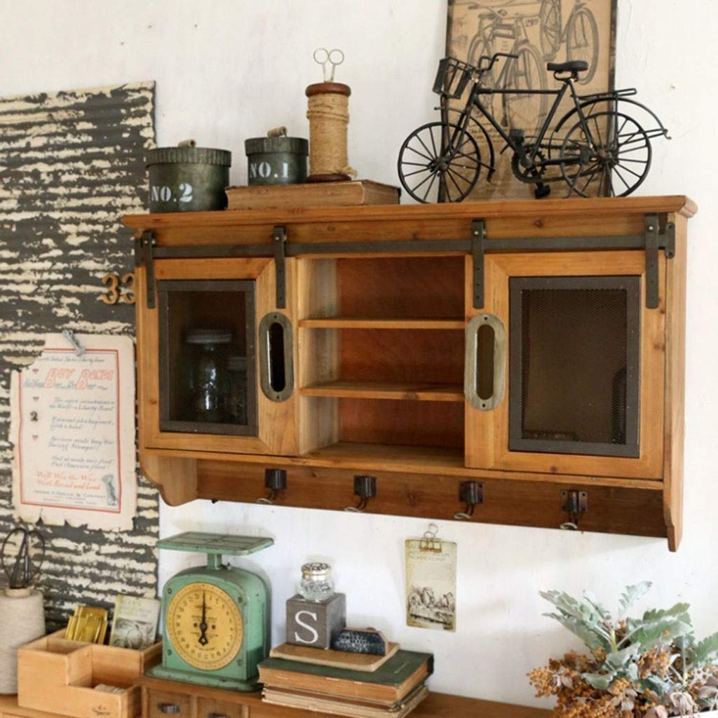 Rustic Brown Wood Wall Storage Cabinet with Sliding Barn Doors for Home & Office