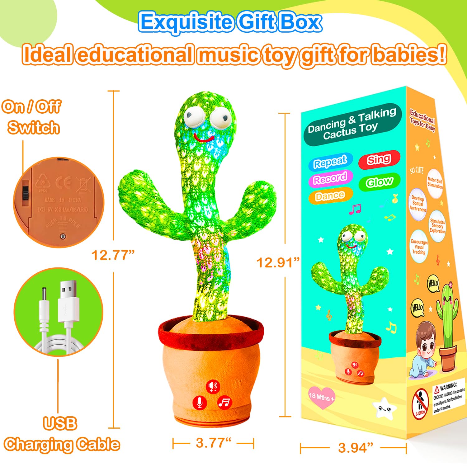 Rechargeable Dancing Talking Cactus Toy for Babies & Toddlers - Adjustable Volume, Singing, Mimicking & Repeating - Fun Interactive Learning Toy for Boys & Girls - Perfect for Easter Basket Stuffers, Birthday Gifts & Playtime Entertainment