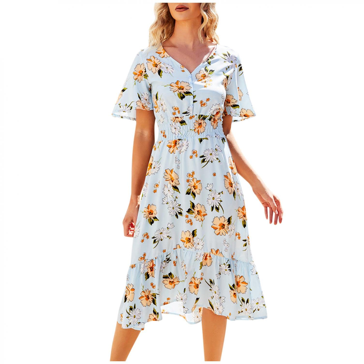 Women's Floral Tie Front Ruffle Mini Dress - V Neck Short Sleeve Party & Casual Summer Dress for Women, Perfect for Beach Outings, Date Nights and Brunch Events