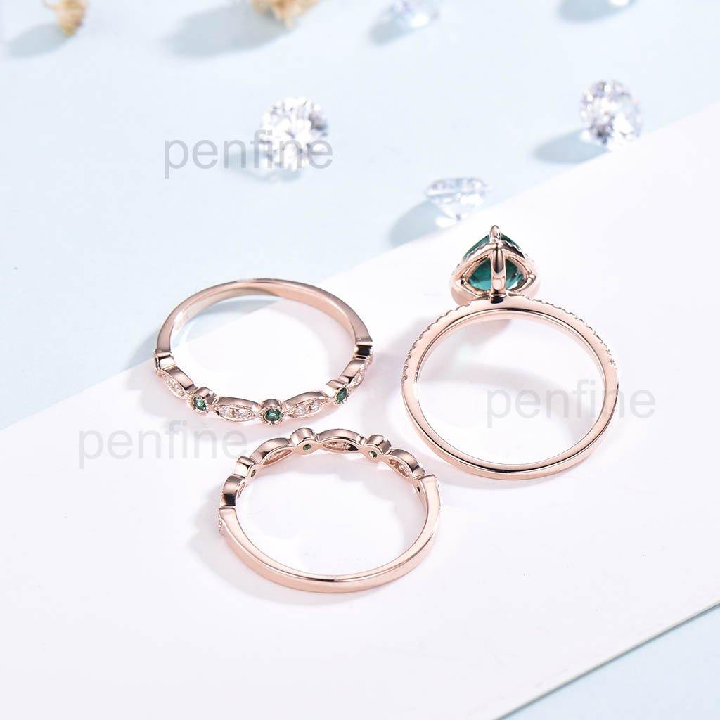 Classic Pear Emerald Diamond Engagement Ring Set with Matching Band - 3 Piece Bridal Jewelry Set for Proposals, Weddings & Anniversaries