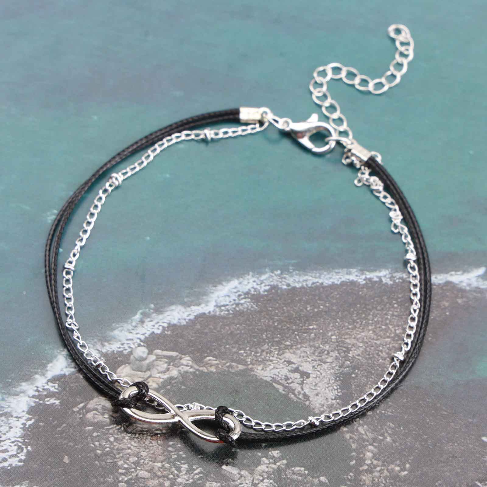 Boho Layered Infinity Ankle Bracelet - Silver Satellite Anklet with Black Rope Chain, Retro Foot Jewelry for Women, Personalized Summer Gift | Perfect for Beach Vacations, Music Festivals & Boho Fashion