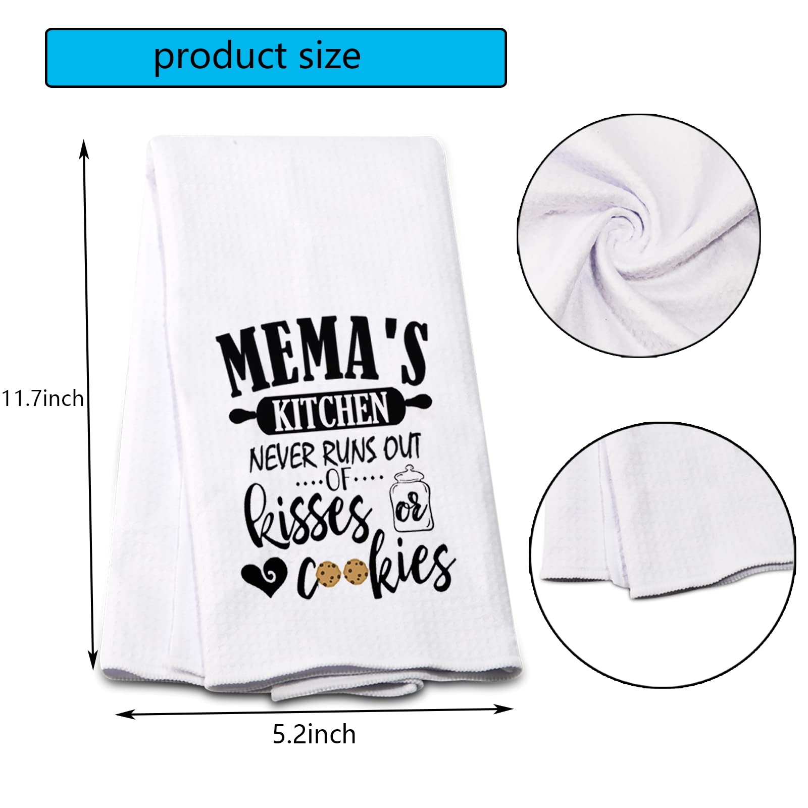 POFULL Mema Gift Dish Towel - Funny Grandma & Mother's Day Kitchen Decor - 'Mema's Kitchen Never Runs Out of Kisses & Cookies' - Perfect for Gifts, Home Decor & Farmhouse Style Kitchens