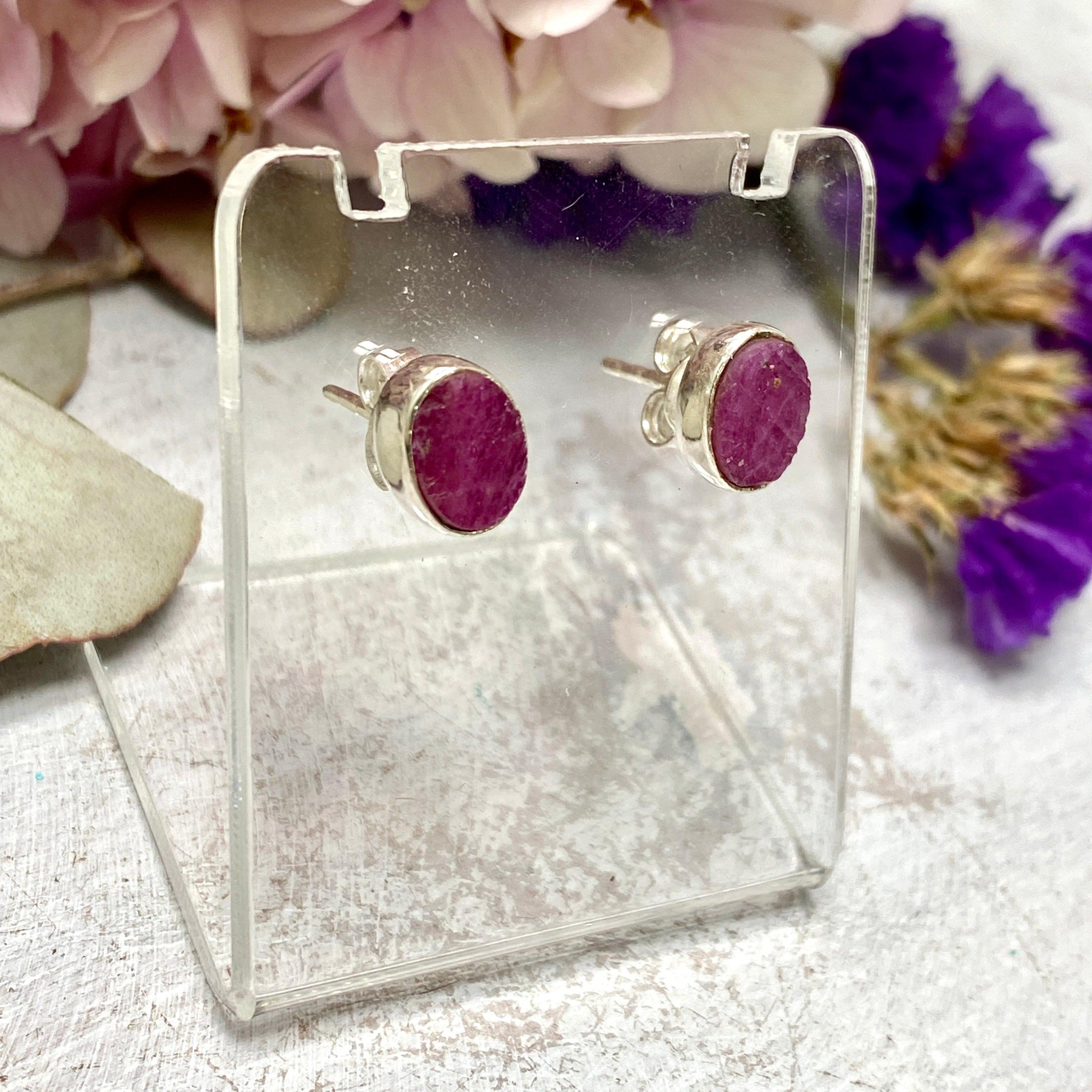 Natural Ruby Raw Oval Stud Earrings KEGJ1253 - Elegant Handmade Jewelry for Women, Perfect for Weddings, Parties & Everyday Wear
