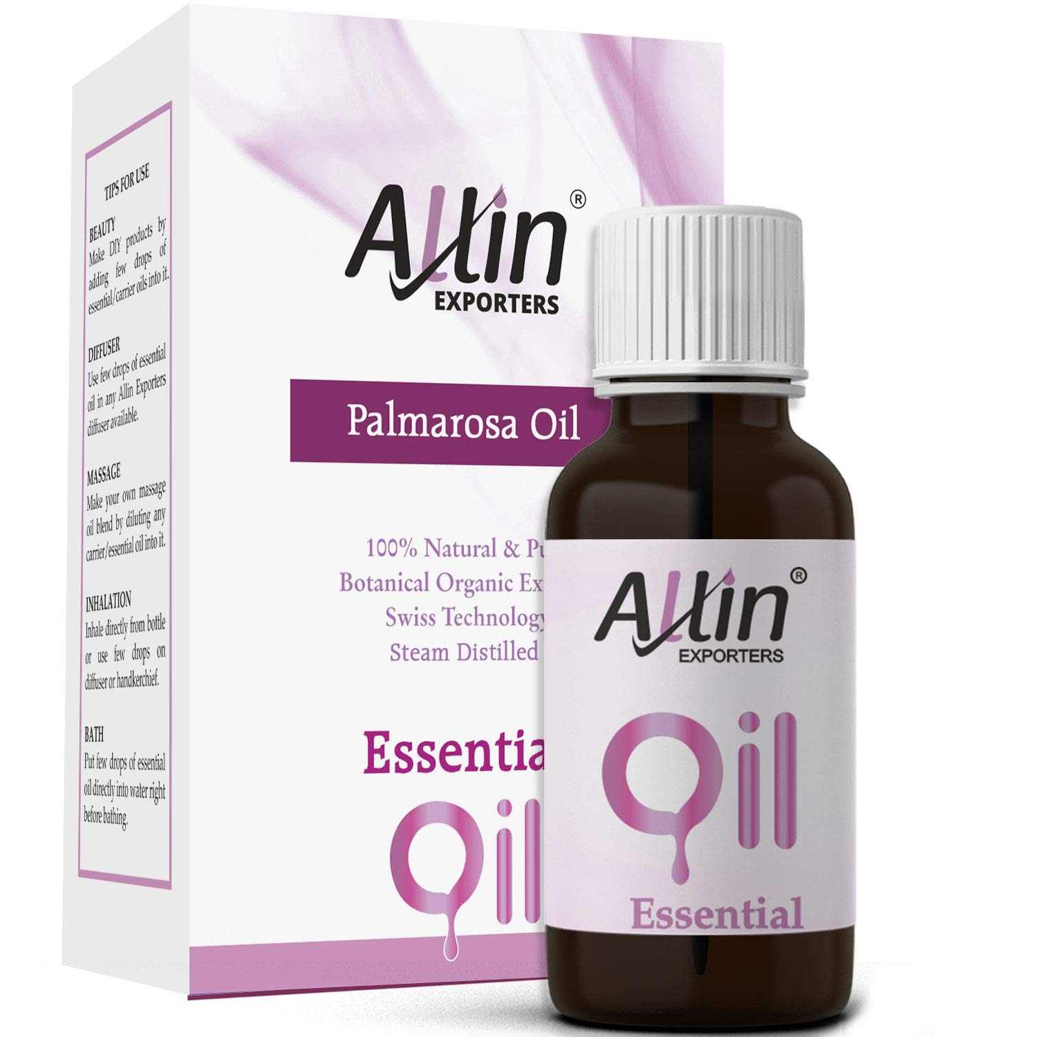 Allin Exporters 100% Pure Palmarosa Essential Oil - Undiluted Therapeutic Grade for Hair Growth, Skin Care & Aromatherapy (15ml) - Perfect for Diffusers, Massage & DIY Beauty Products