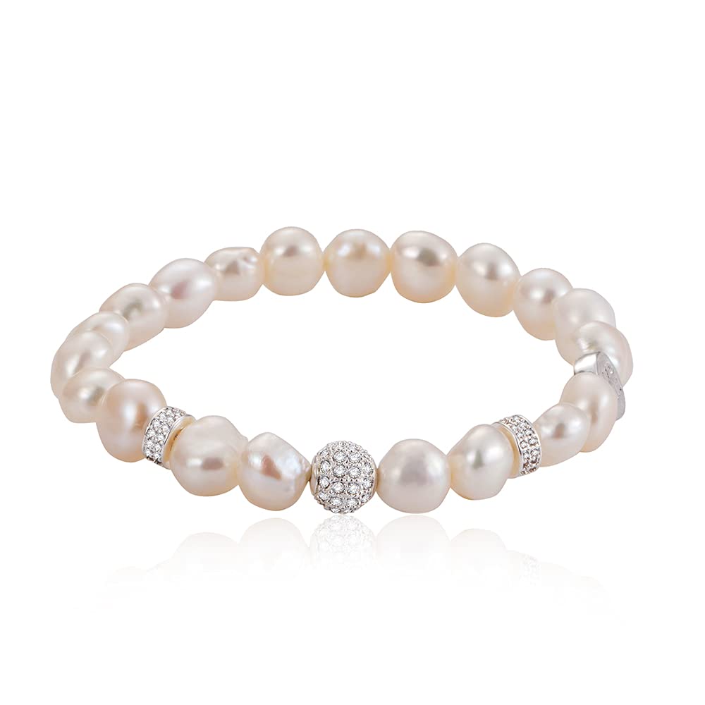 Elegant Baroque Freshwater Pearl & Silver Plated Zirconia Stretch Bracelet - Hypoallergenic Dainty Jewelry for Women & Girls | Perfect Gift for Birthday, Anniversary & Special Occasions