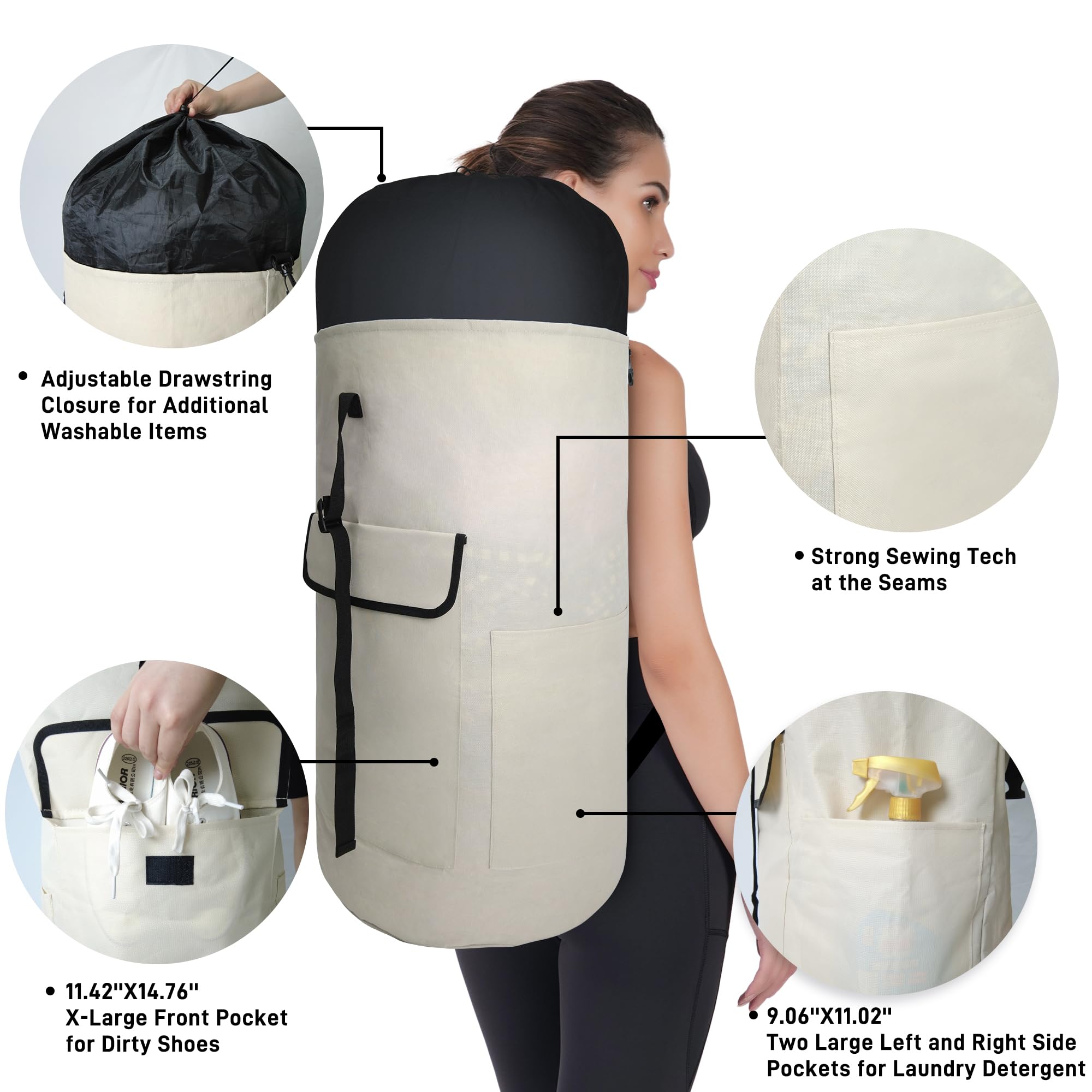 Caroeas 125L Extra Large Laundry Backpack with Shoulder Straps & 4 Pockets - Heavy Duty Laundry Hamper Bag for Laundromat, College Dorm, Travel, Camping - Beige Washable Storage Organizer for Clothes & Linens