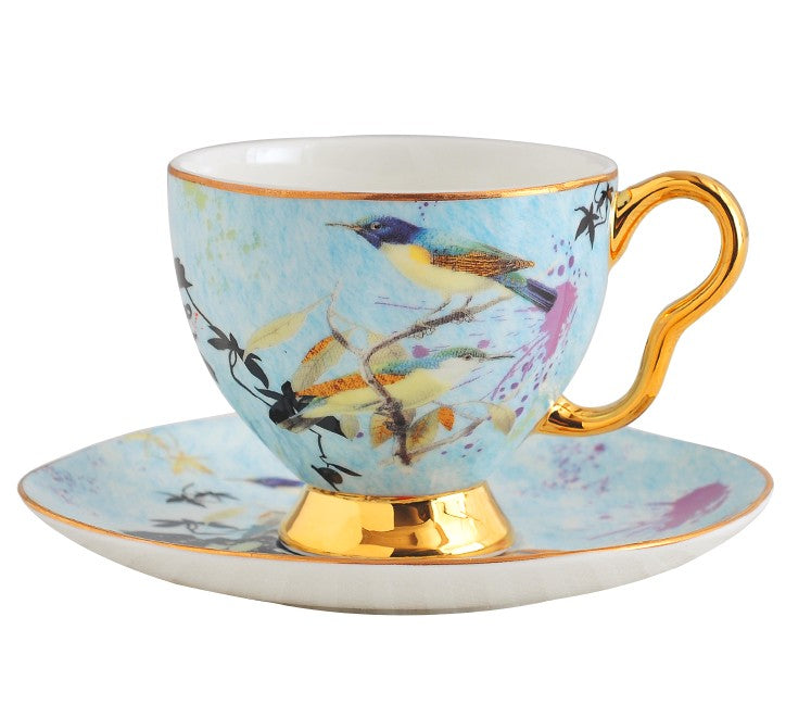 Elegant Ceramic Coffee Cups with Unique Bird Flower Design - British Style Tea Cup and Saucer Set in Gift Box, Royal Bone China Porcelain for Birthday Gifts - Perfect for Afternoon Tea, Home Decor, and Special Occasions
