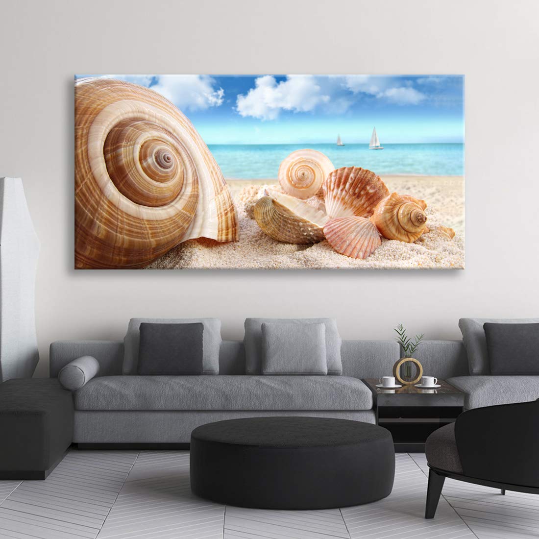 Looife Ocean Theme Canvas Wall Art - 40x20 Inch Beach Seashell and Conch Painting Under Blue Sky, Nature Scenery Wall Decor Ready to Hang | Perfect for Living Room, Bedroom, Office & Coastal Home Decor