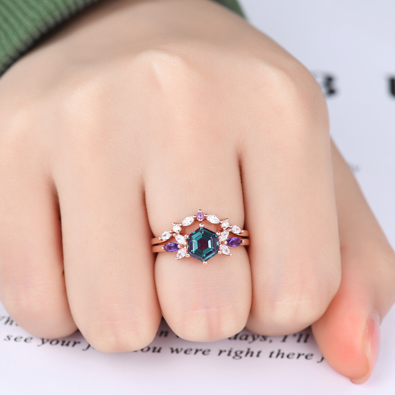 Vintage Alexandrite & Moissanite Engagement Ring Set with Amethyst Matching Band - June Birthstone Jewelry for Weddings & Anniversaries