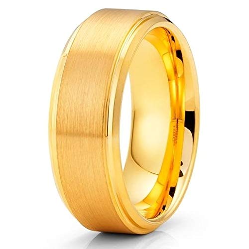 18K Yellow Gold Plated Tungsten Wedding Band for Men & Women - 8mm Comfort Fit Ring - Durable & Scratch-Resistant for Engagement, Anniversary & Everyday Wear