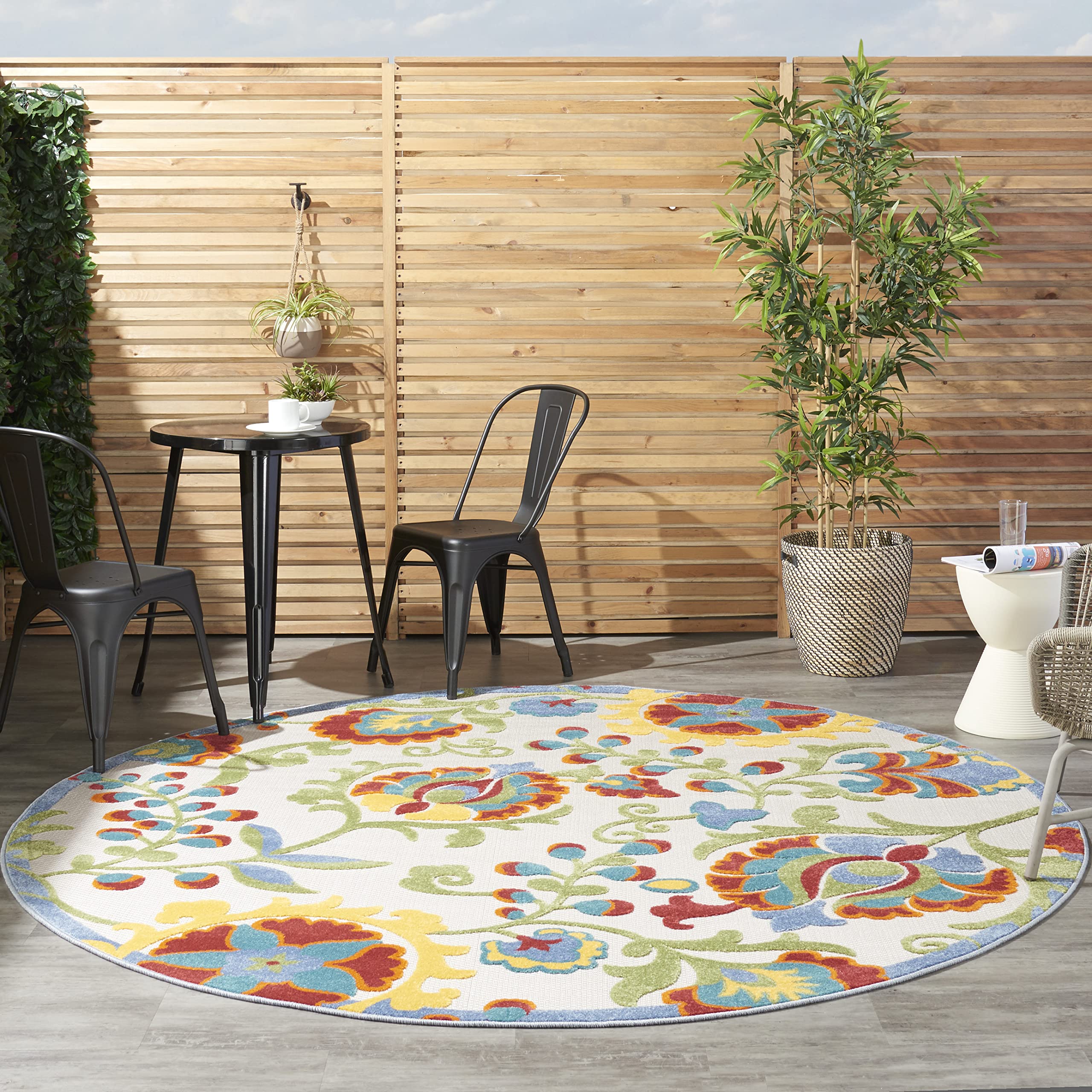 Nourison Aloha 8' Round Indoor/Outdoor Area Rug in Ivory & Multi Colors - Easy Clean, Non-Shedding for Bedroom, Living Room, Dining Room | Perfect for Backyard, Deck, and Patio Use