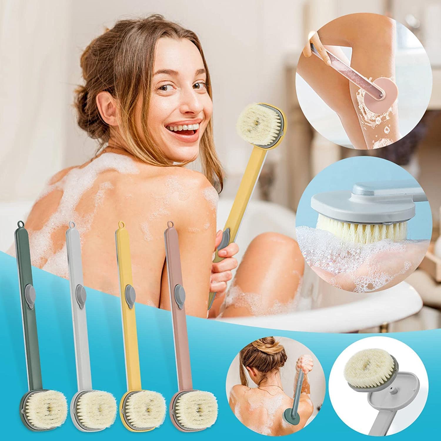 Long Handle Bath Brush with Detachable Head - Exfoliating Body Brush for Back Scrub, Shower & Skin Care - Natural Bristle Bath Sponge Scrubber (Gray) | Perfect for Hard-to-Reach Areas & Spa-Like Exfoliation at Home