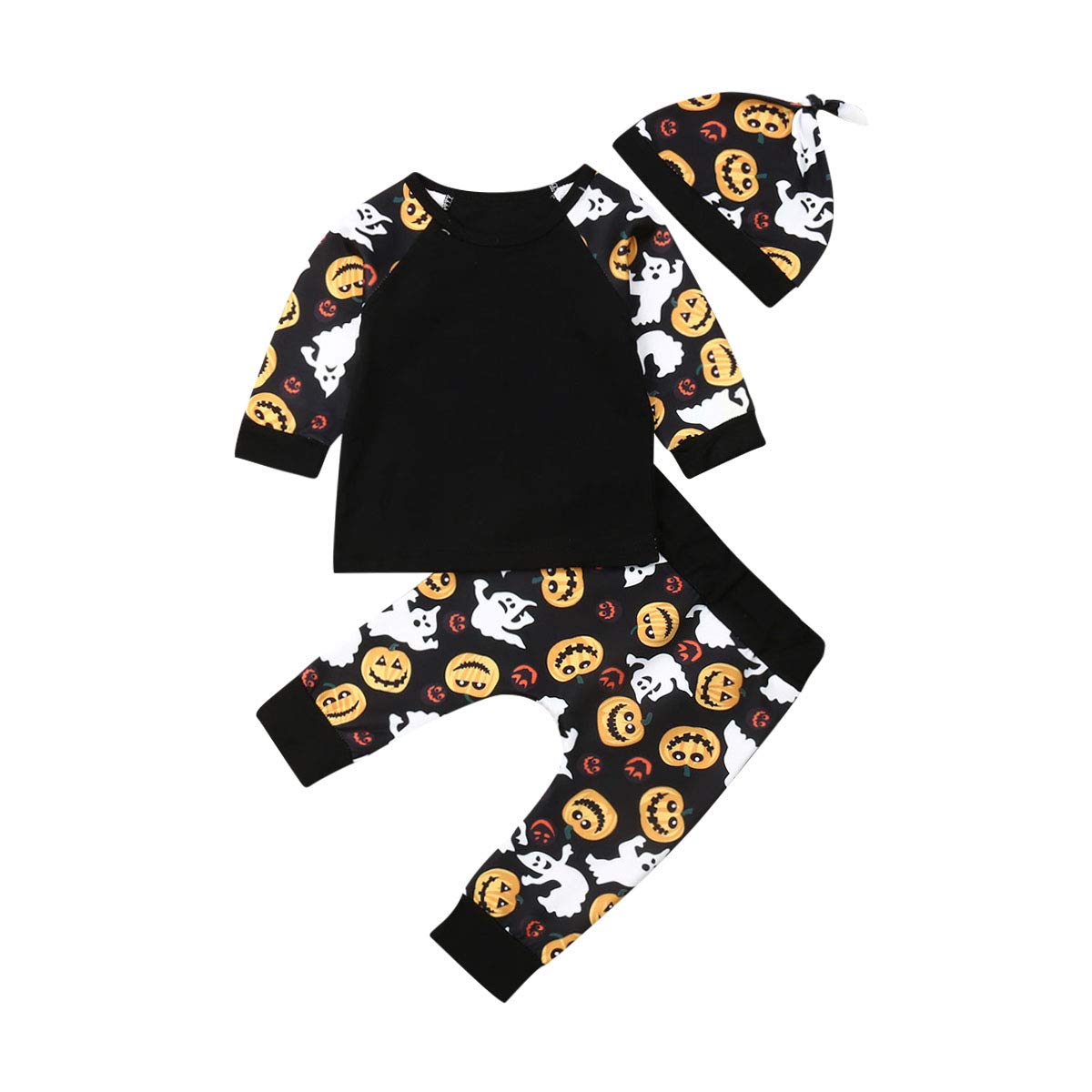Adorable Newborn Baby Boy & Girl Halloween Costume Set - Long Sleeve Pumpkin Ghost Sweatshirt & Pants with Matching Hat | Perfect for Trick-or-Treating, Photo Shoots & Holiday Parties