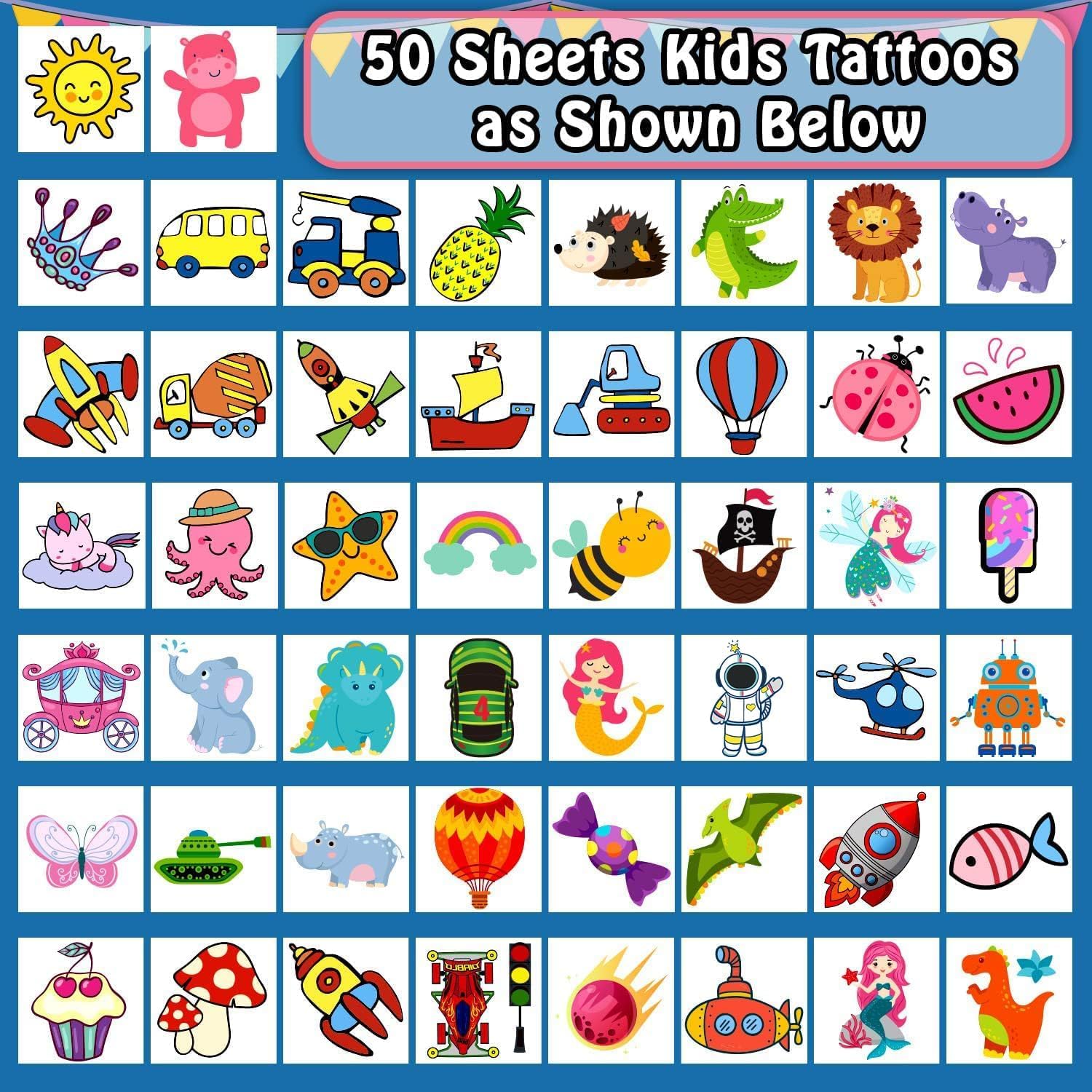50 Sheets Kids Temporary Tattoos - Dinosaur, Mermaid, Pirate, Animal & Butterfly Designs | Fun Party Favors for Birthday Goodie Bags, Halloween Costumes & Summer Camp Activities