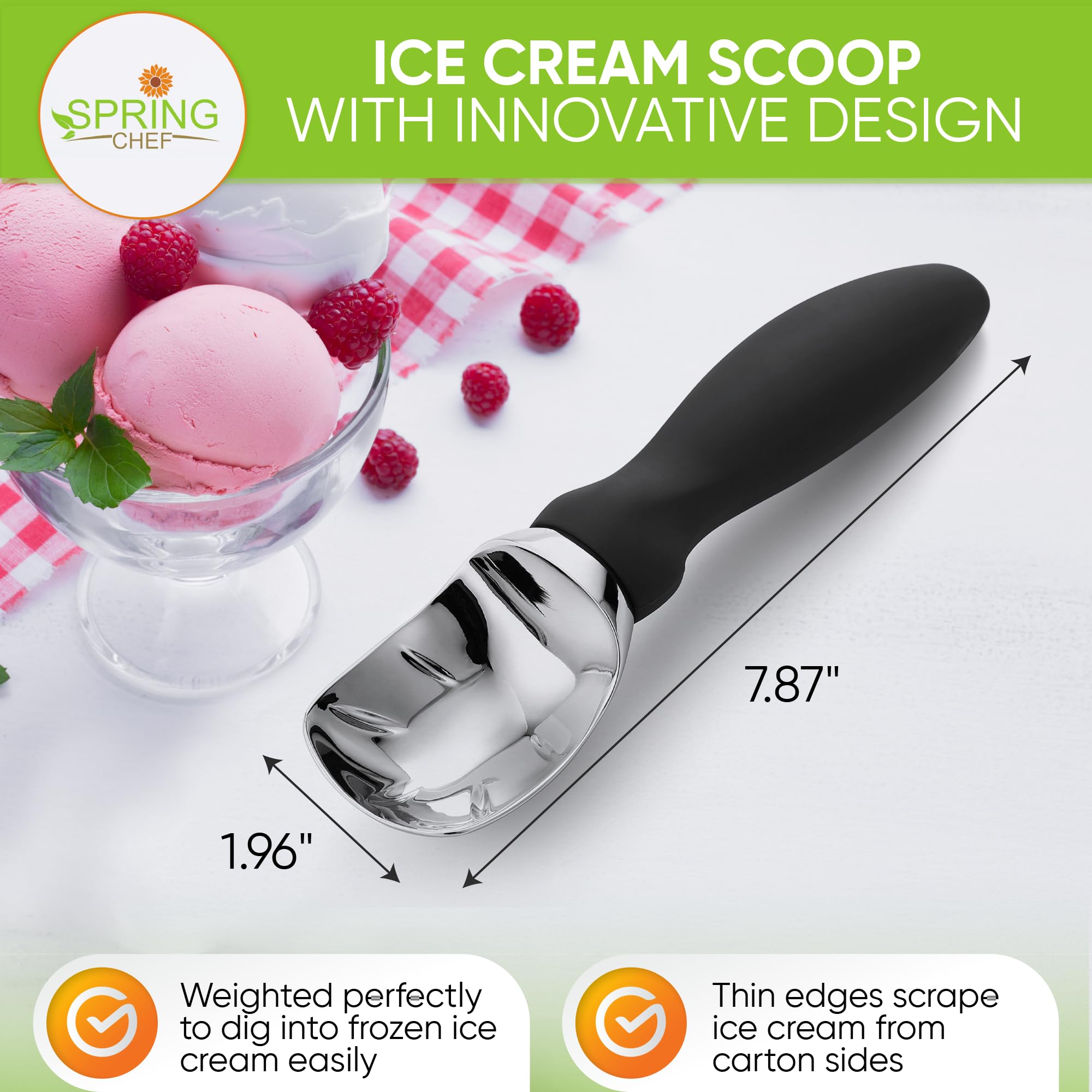 Spring Chef Heavy Duty Ice Cream Scoop with Ergonomic Handle - Professional Stainless Steel Scooper for Gelato, Sorbet, Cookie Dough, Frozen Yogurt & Melon - Dishwasher Safe Kitchen Tool - Perfect for Ice Cream Parlors, Dessert Shops & Home Use - Black