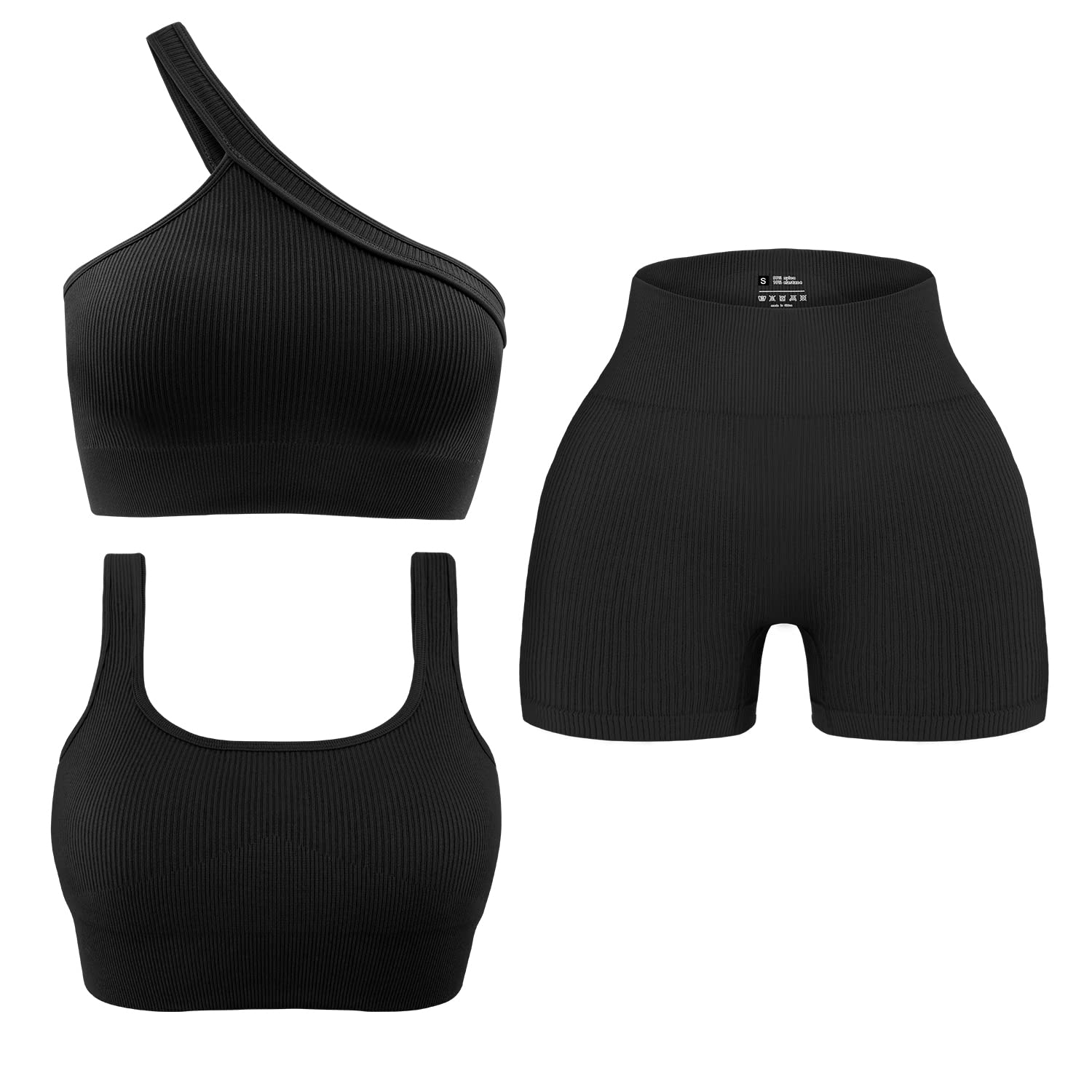 OLCHEE Women's 3-Piece Workout Set - Seamless Ribbed Yoga Outfit with One Shoulder Sports Bra & High Waist Shorts for Gym, Running & Yoga | Athletic Activewear for Women