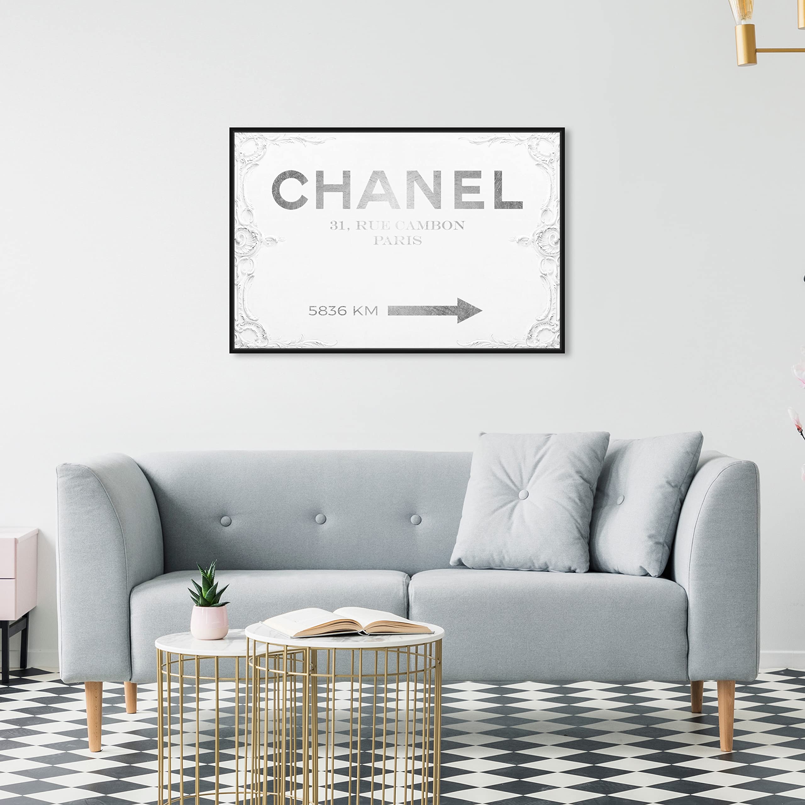 Oliver Gal Artist Co. Contemporary 20x30 Inch Couture Road Sign Rococo Framed Canvas Wall Art - White | Perfect for Bedroom, Living Room & Office Decor