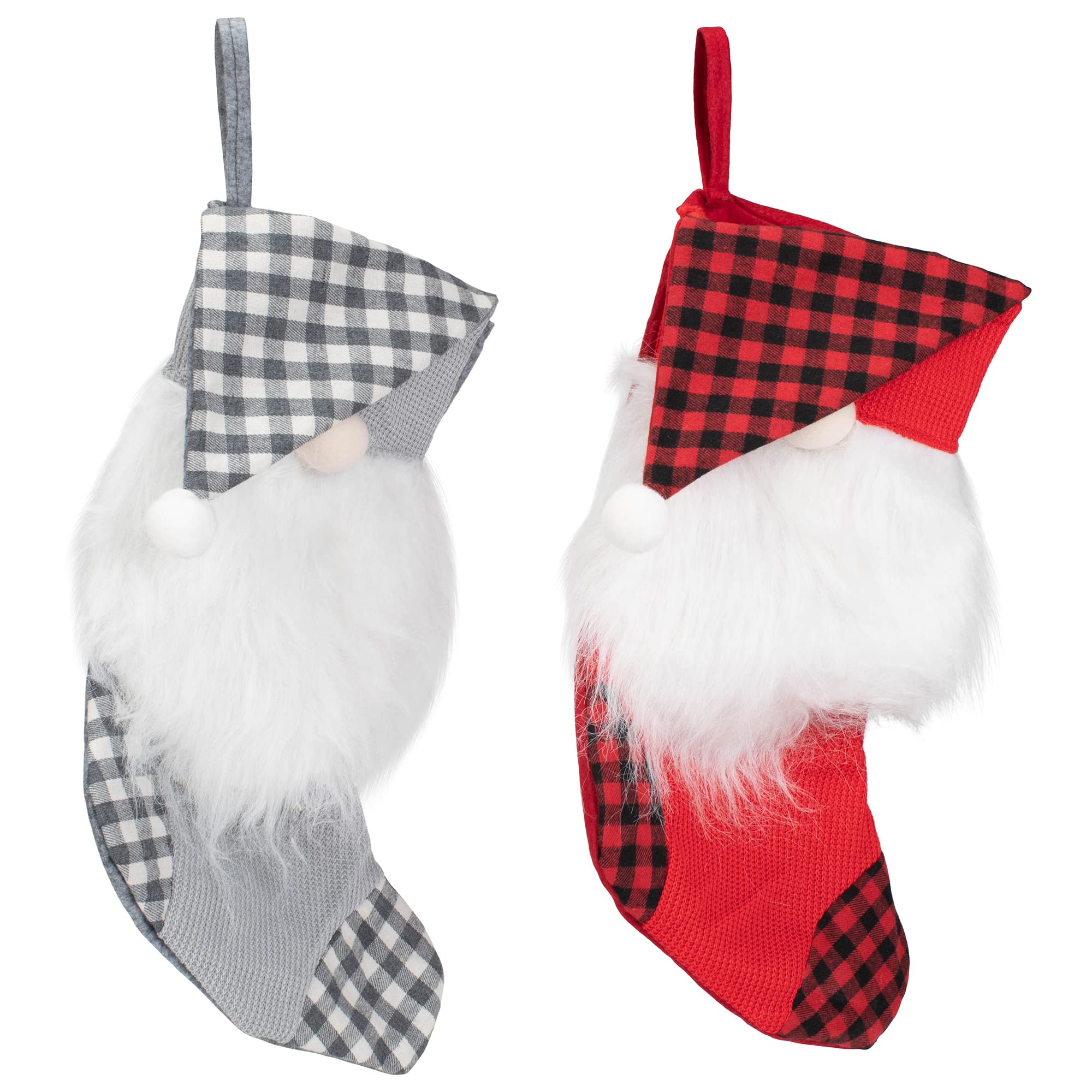 Buffalo Check Gnome Christmas Stockings Set of 2 - 18-inch Festive Holiday Decorations - Red and Black Plaid Polyester Stockings for Fireplace Mantel, Gift Exchange & Christmas Tree Decor
