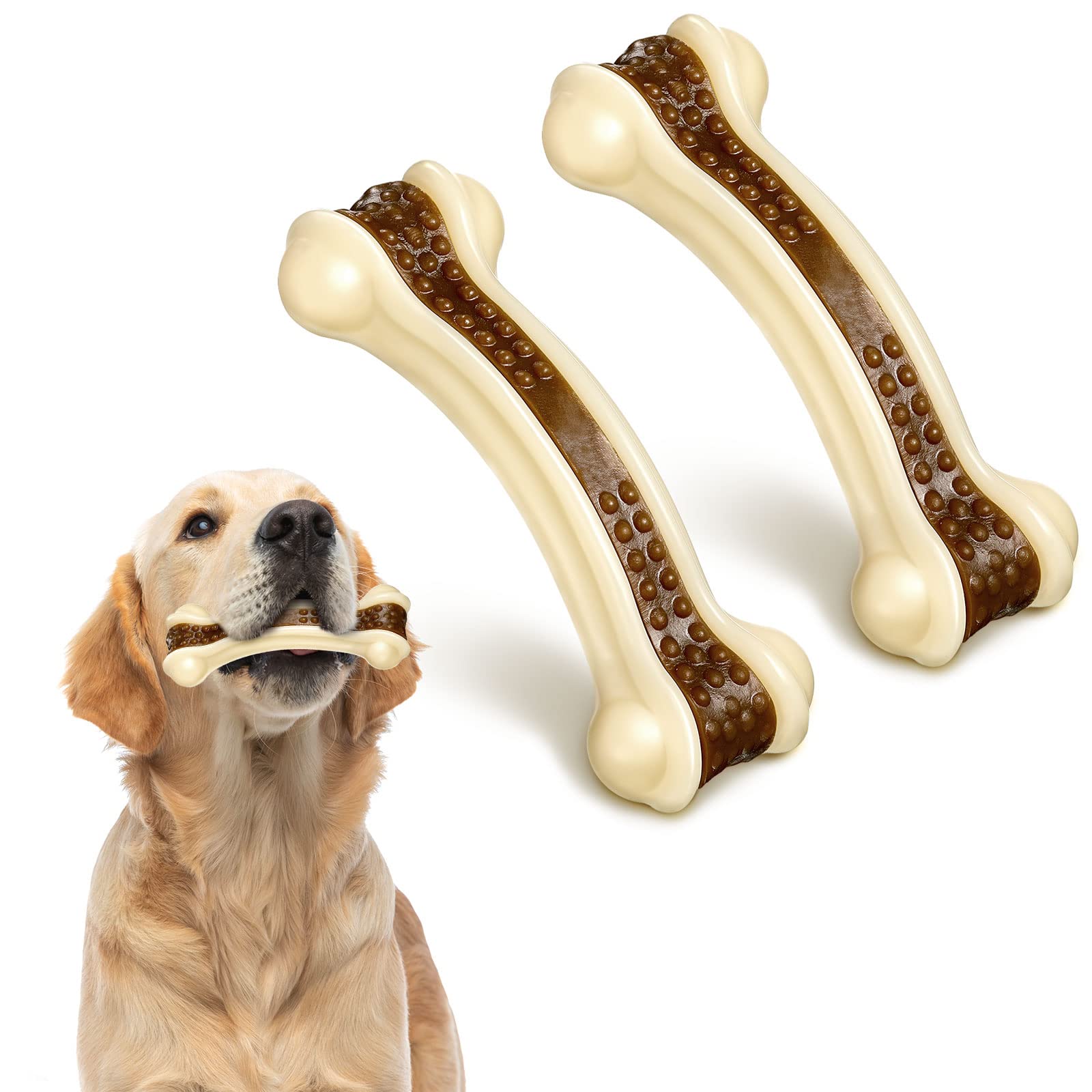 **Durable Nylon Dog Chew Toys for Aggressive Chewers - 2 Pack Beef-Flavored Bones for Small, Medium & Large Breeds - Teething & Dental Health - Perfect for Playtime & Training (Medium, Curved Bone)**