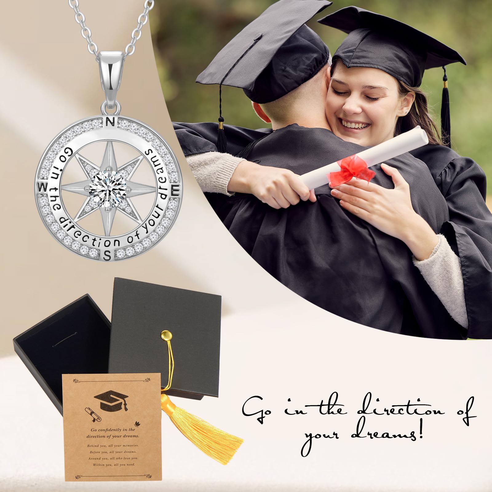 Graduation Gifts for Women - 18K Gold Filled 925 Sterling Silver Inspirational Compass Necklace Jewelry for High School & College Graduates - Perfect Gift for Friends & Daughters with Congrats Grad Box & Gift Card - Ideal for Commencement Ceremonies, Graduation Parties & Special Occasions