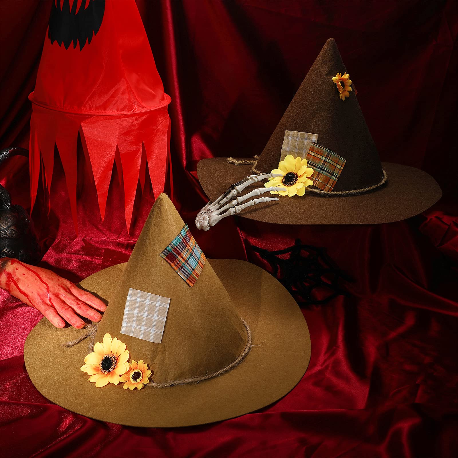 SATINIOR 2-Pack Scarecrow Hats with Sunflower Design - Felt Witch Costume Hats for Halloween, Cosplay & Themed Parties - Perfect for Fall Festivals, Pumpkin Patches & Outdoor Decor