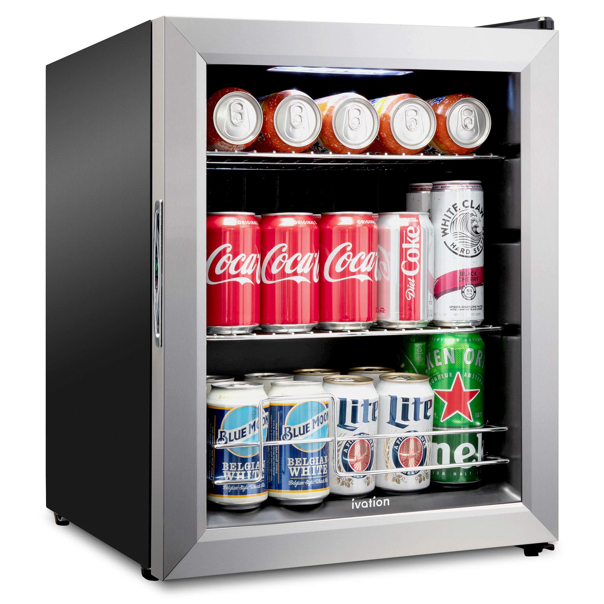 Ivation 62 Can Beverage Refrigerator - Freestanding Ultra Cool Mini Drink Fridge for Beer, Wine, Soda & Juice | Reversible Glass Door & Adjustable Shelves | Perfect for Home, Office, Bar & Man Cave | Stainless Steel Cooler for Parties & Entertaining