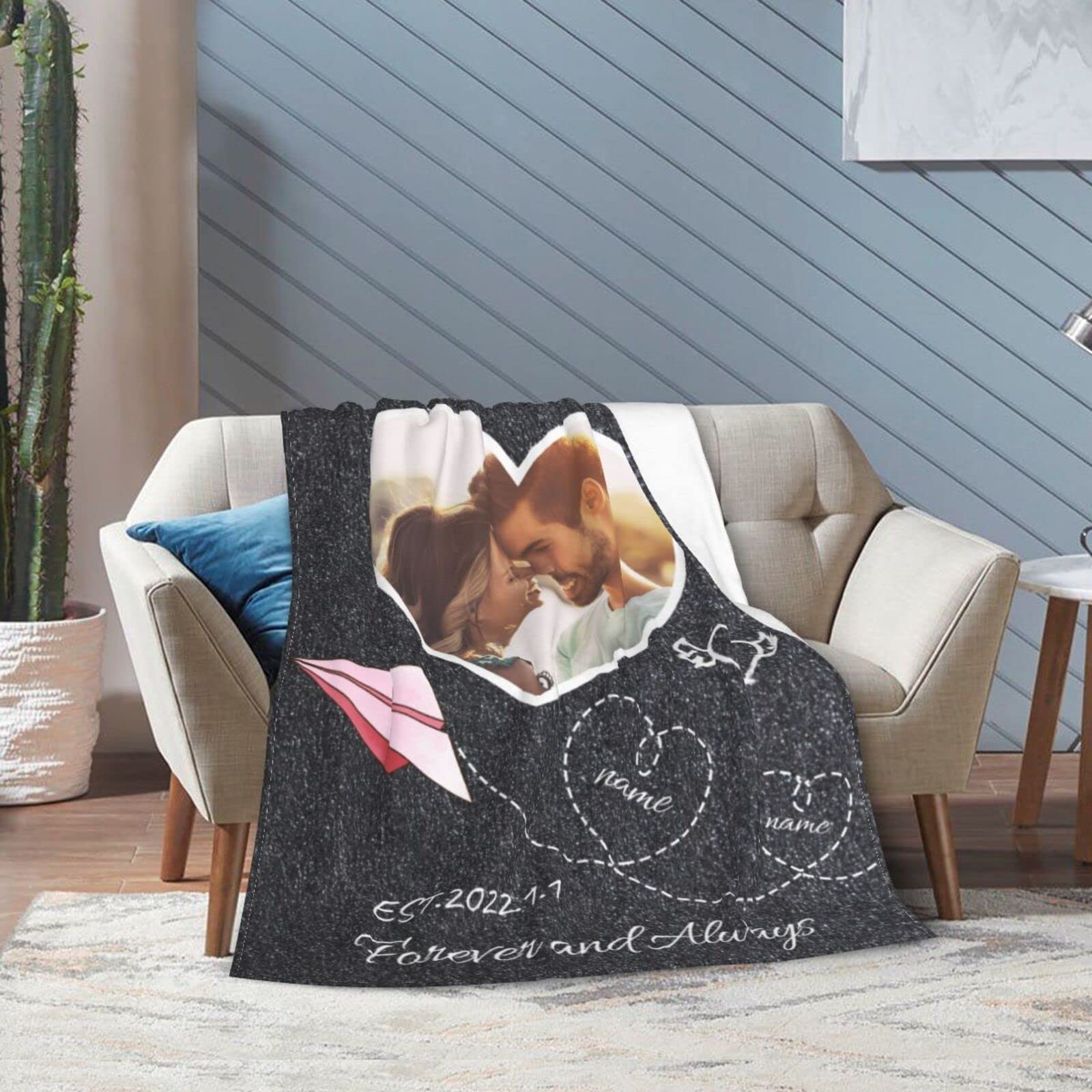 Personalized Anniversary Blanket with Custom Name, Picture & Date - Romantic Gift for Couples, Wife or Husband - Wedding, Valentine's Day Present - Perfect for Cuddling, Home Decor & Special Occasions
