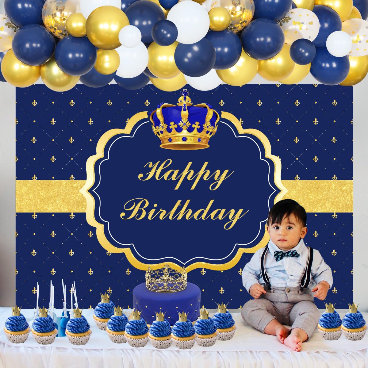 Royal Prince Birthday Decorations for Boys - Blue Balloon Garland Kit with Crown Balloons & Photography Backdrop | Perfect for Prince-Themed Birthday Parties, Baby Showers & Photo Shoots