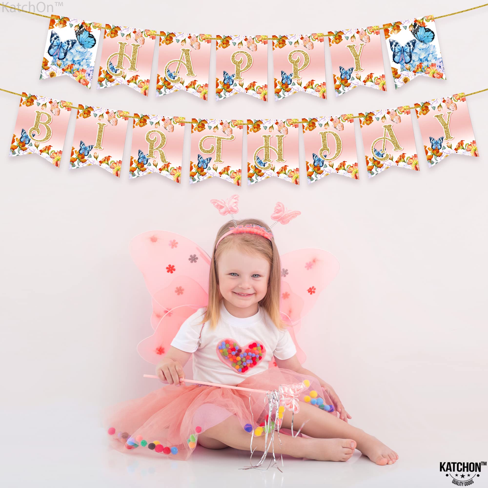 KatchOn Large Butterfly Happy Birthday Banner - Ready to Hang | Fairy & Butterfly Themed Birthday Party Decorations | Perfect for Indoor & Outdoor Birthday Celebrations, Baby Showers, and Fairy Garden Parties