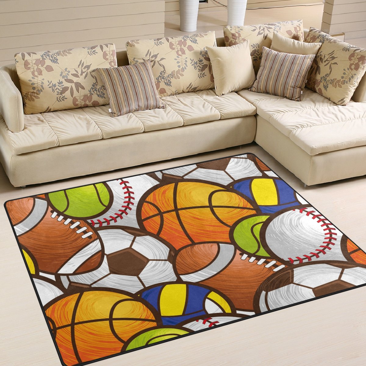 ALAZA Funny Sports Ball Pattern Area Rug - 7' x 5' Non-Slip Floor Mat for Living Room, Bedroom, Game Room | Soccer, Baseball, Tennis Design Home Decor