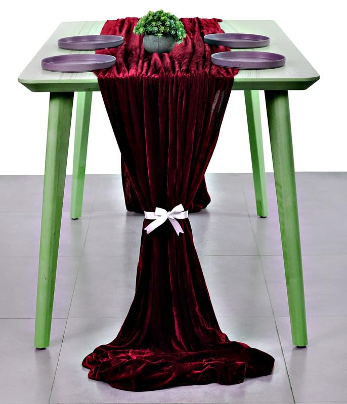 10 Pack 10ft Velvet Table Runner 29x120 Inches - Elegant Burgundy Wedding Table Runner for Romantic Rustic Decor, Birthday Parties, Bridal Showers & Event Decorations | Perfect for Wedding Arch, Banquet Tables and Holiday Centerpieces