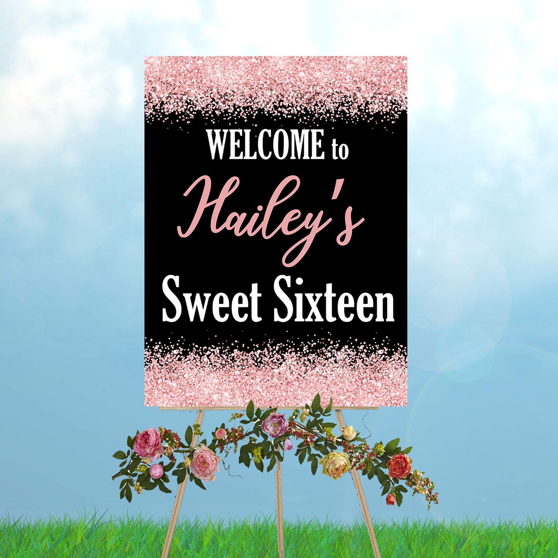 Custom Rose Gold Glitter Sweet 16 Welcome Sign - Perfect for Birthday Party Decorations & Sweet Sixteen Celebrations