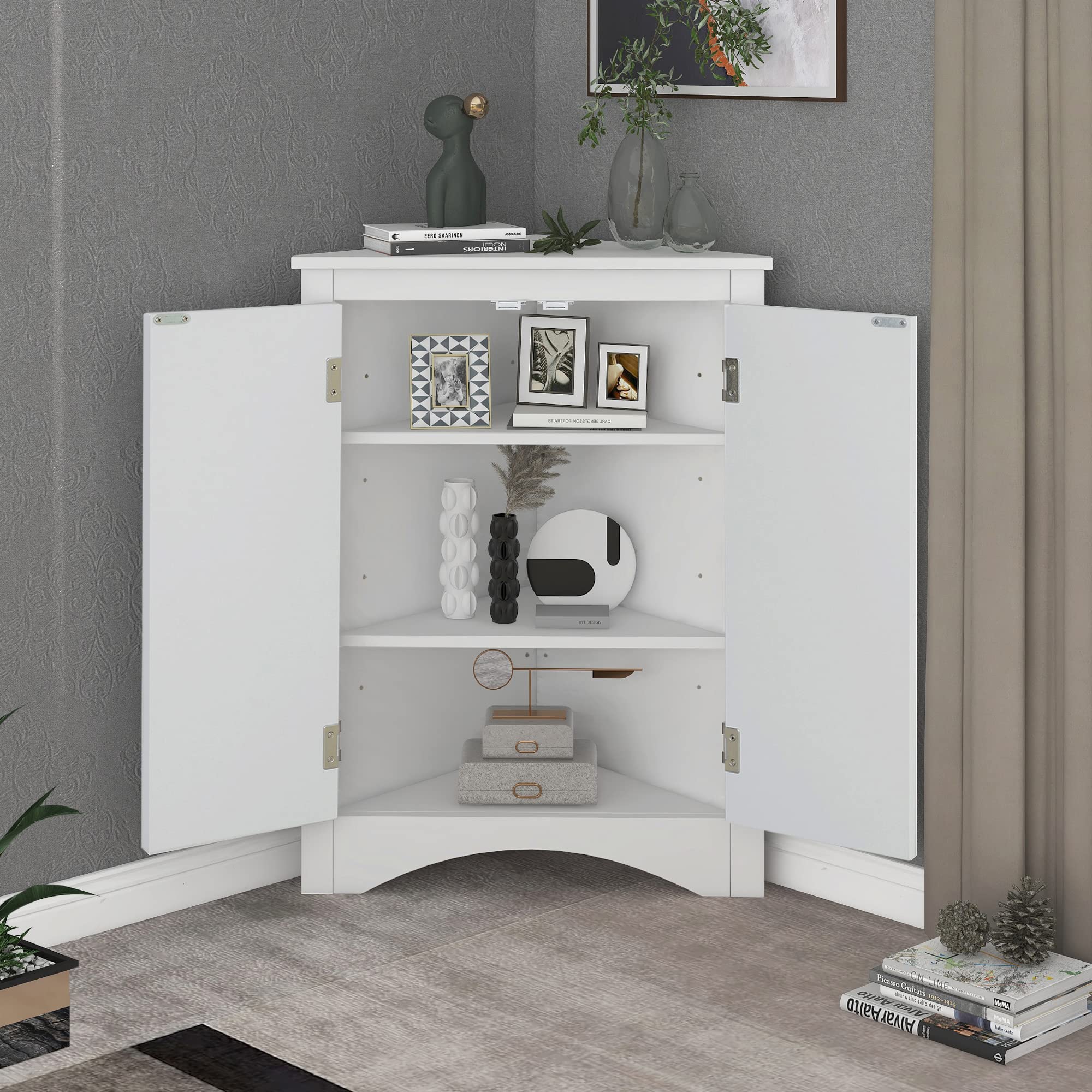 Merax White Freestanding Corner Cabinet with Adjustable Shelves & 2 Doors - Bathroom Storage Organizer for Towels, Toiletries & Cleaning Supplies