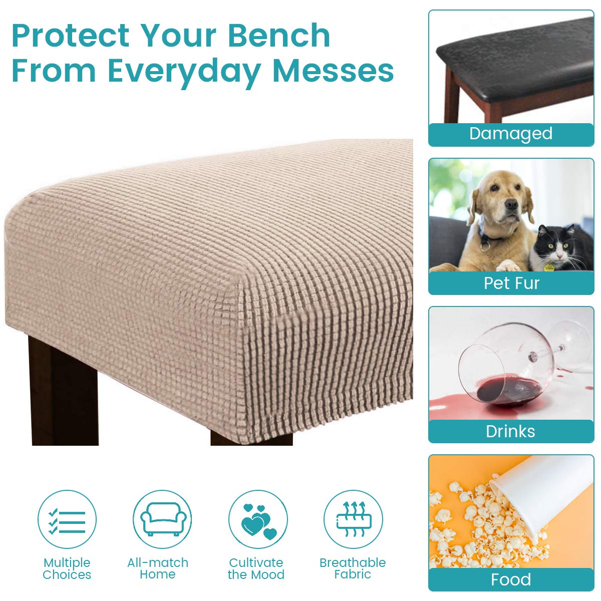 Stretch Jacquard Bench Slipcover - Soft Spandex Dining Room Seat Cover | Washable & Removable Cushion Cover for Kitchen, Living Room & Bedroom (Khaki) | Perfect for Home Decor, Dining Sets & Furniture Protection