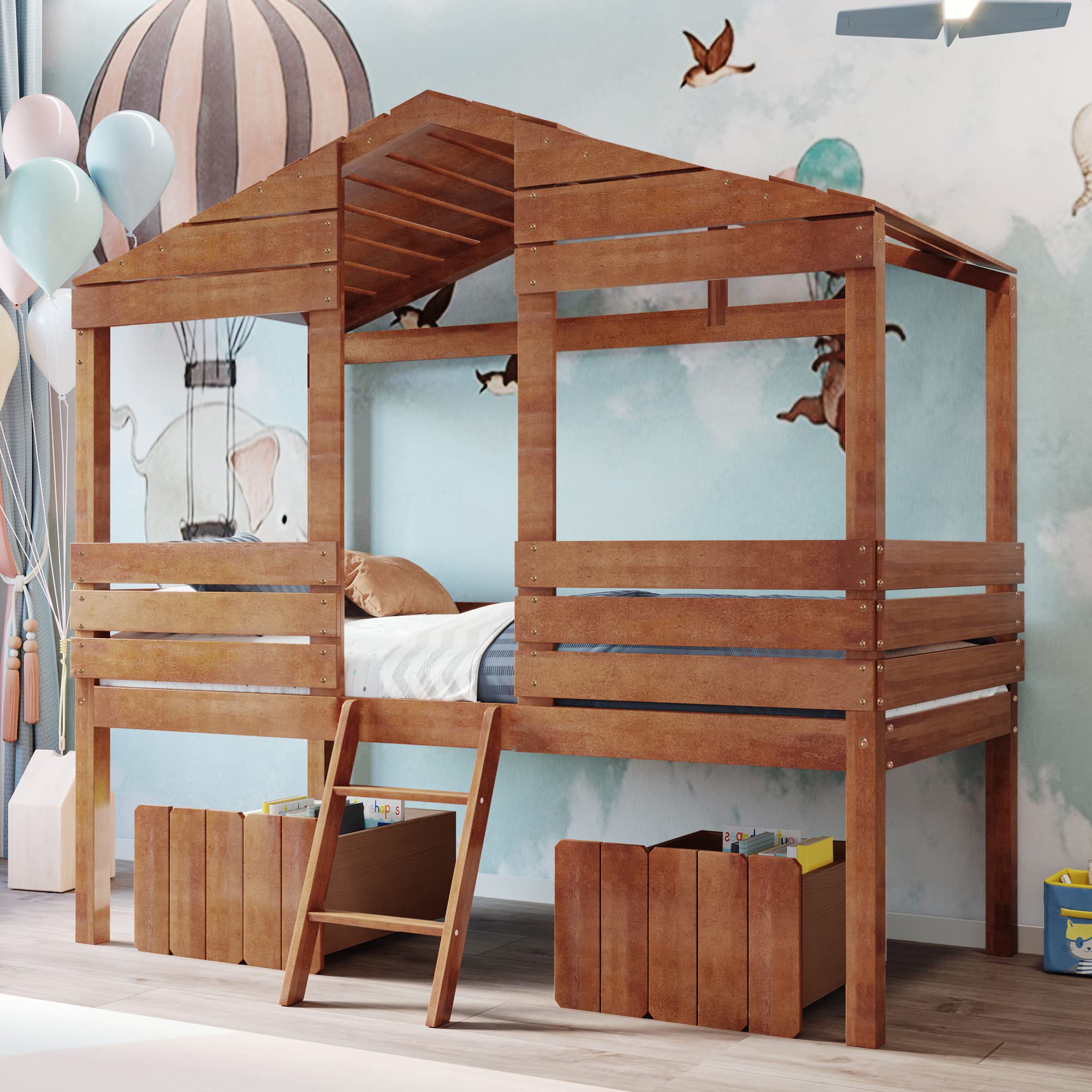 Merax Twin Size Low Loft Wood House Bed with Drawer for Kids & Teens - Walnut Finish, Two Front Windows & Roof - Perfect for Small Bedrooms, Playrooms & Kids' Sleepovers
