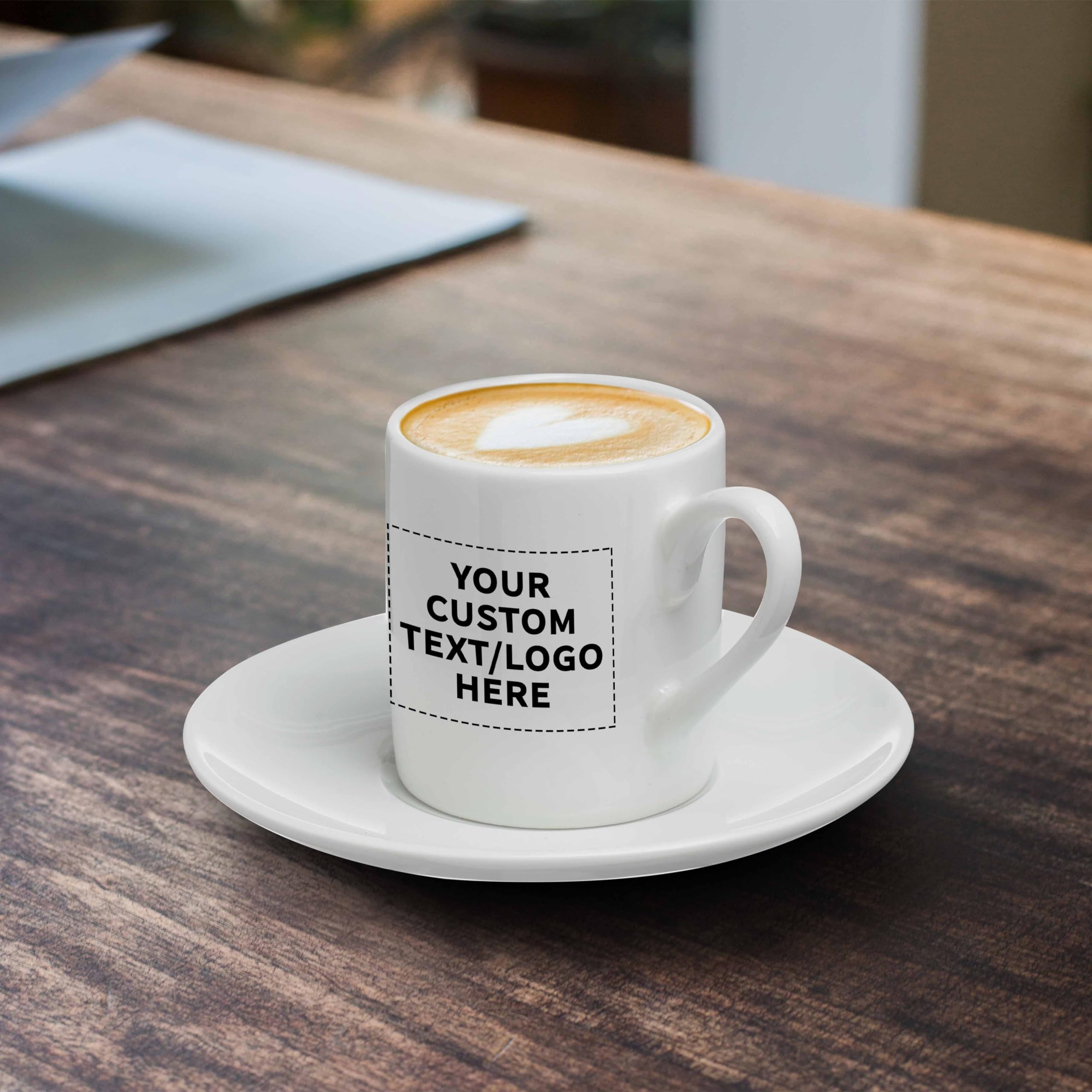 50-Piece Porcelain Espresso Cup and Saucer Set - 3 oz White Coffee Cups with Custom Text & Logo - Perfect for Coffee Shops, Restaurants, and Home Use