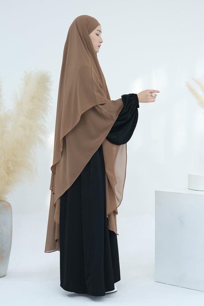 Extra Long Khaki Two Layer Chiffon Khimar Scarf - Elegant Muslim Prayer Shawl for Women, Perfect for Eid, Ramadan & Special Occasions - Lightweight & Breathable Hijab for Daily Wear & Formal Events