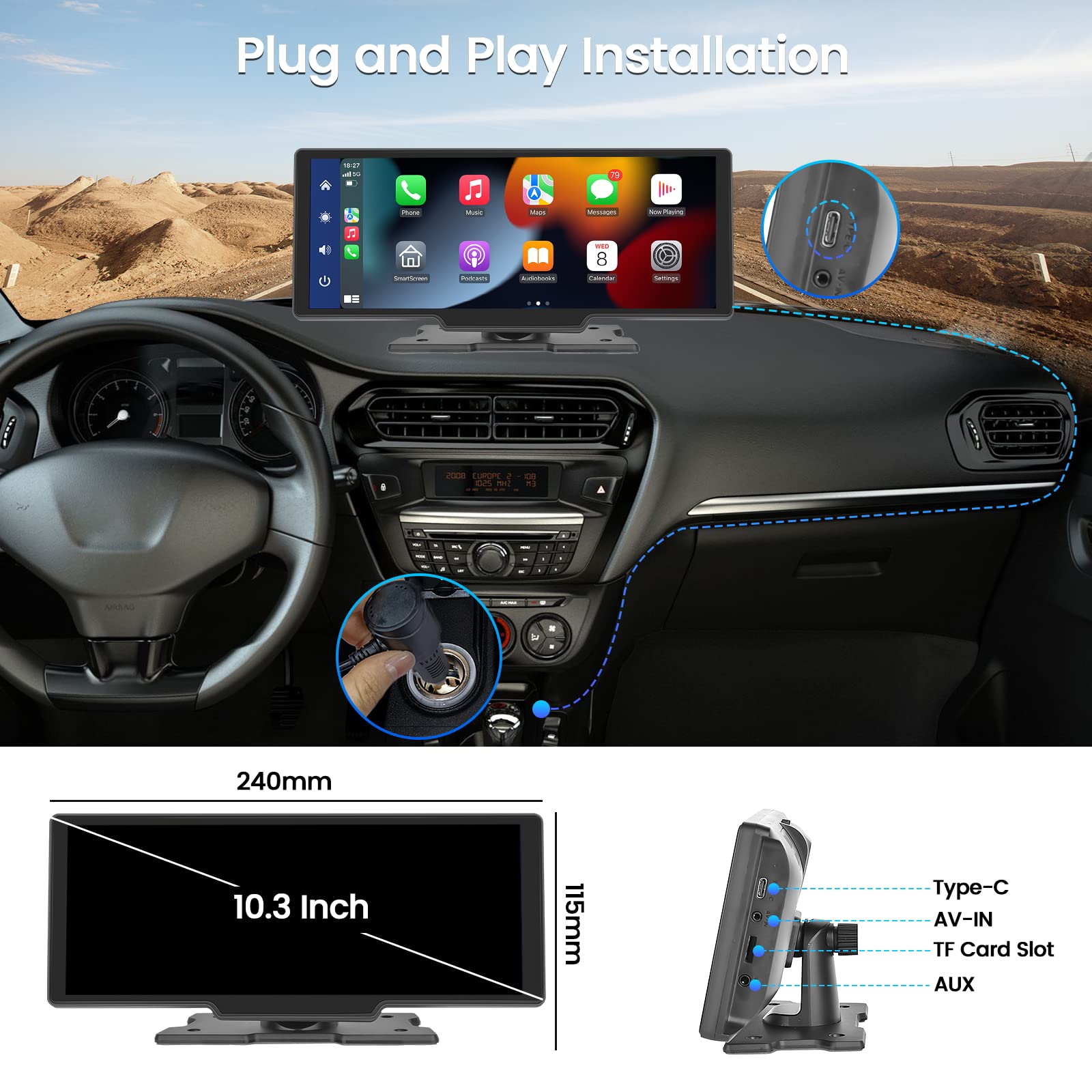 10.3 Inch Portable Wireless CarPlay Android Auto Screen - Hikity Full HD Touchscreen Car Display with Bluetooth, AUX, Voice Control, Reverse Camera & FM Radio | Perfect for GPS Navigation, Hands-Free Calling & Safer Driving