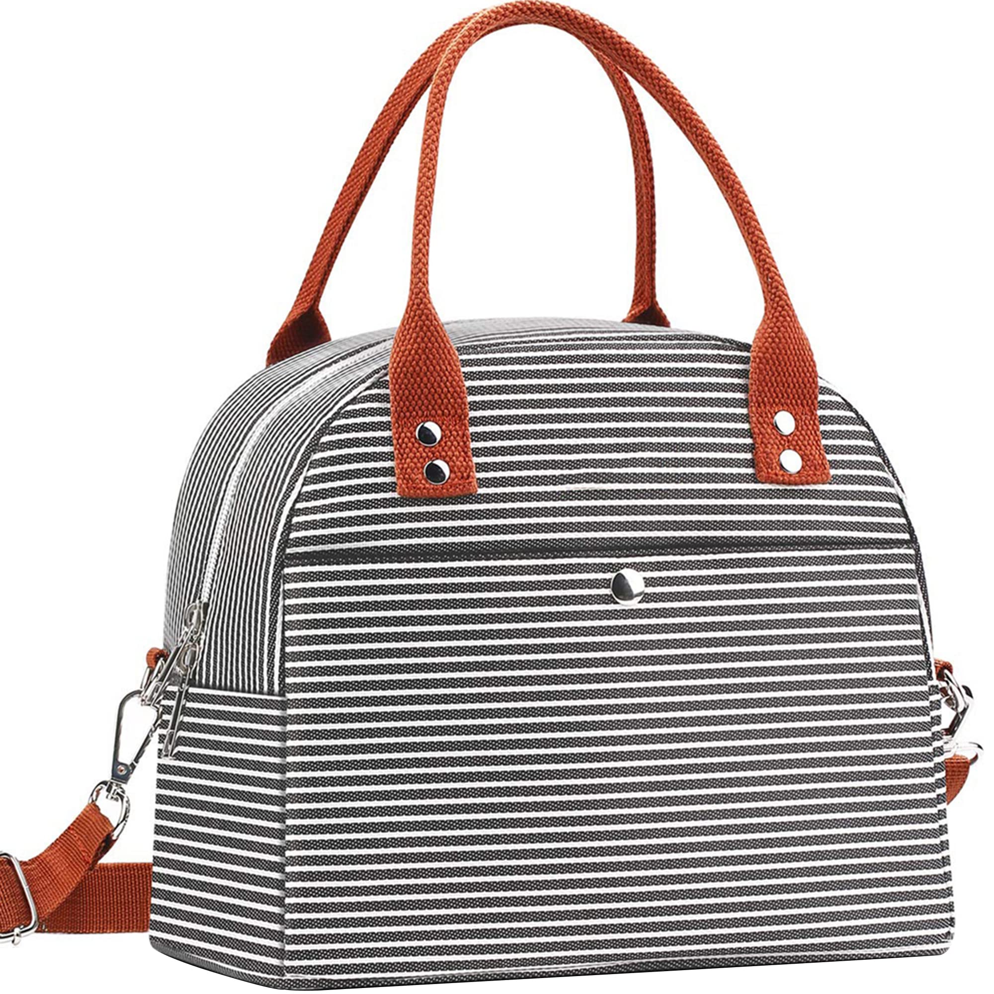 Stylish Insulated Lunch Bag for Women - Reusable Thermal Lunch Box with Double Zippers & Adjustable Shoulder Strap - Black and White Stripe - Perfect for Work, School, Picnics & Outdoor Activities
