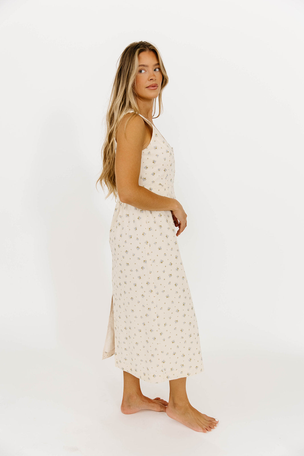 Blue Floral Florence Vest Detail Midi Dress - Elegant Women's Summer Dress for Weddings, Parties & Casual Outings